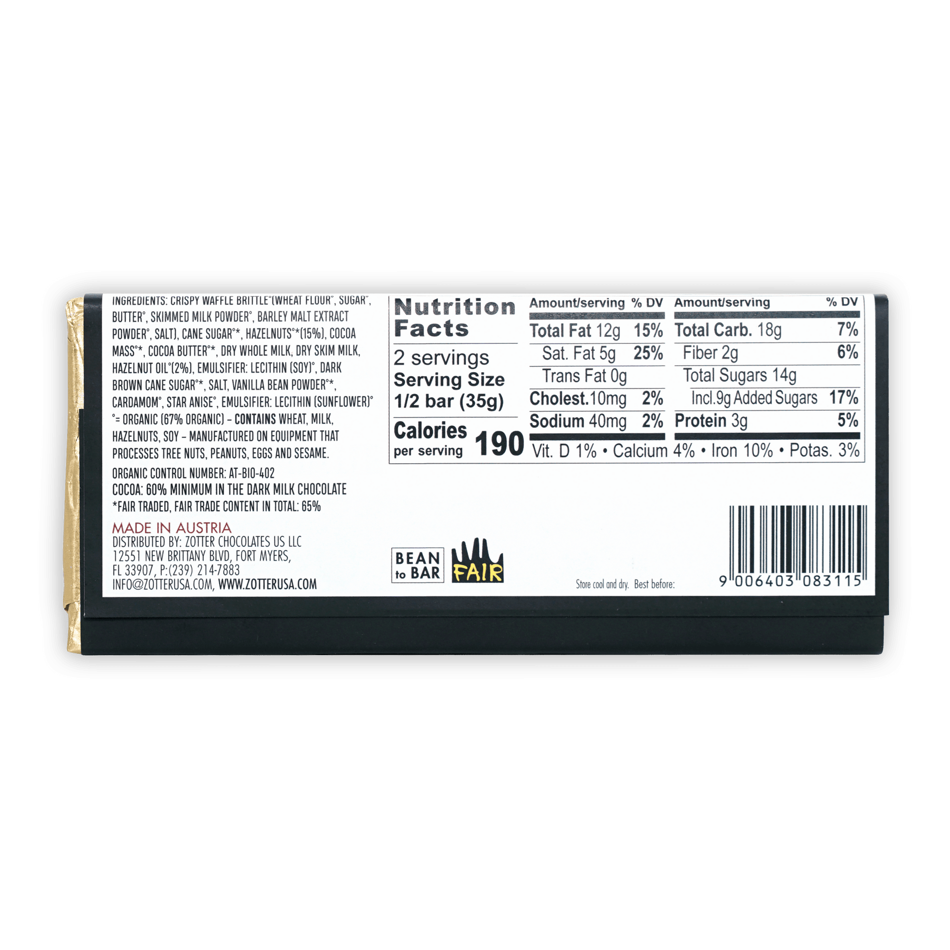Zotter Waffle Brittle 60% dark milk chocolate bar with bean to bar label