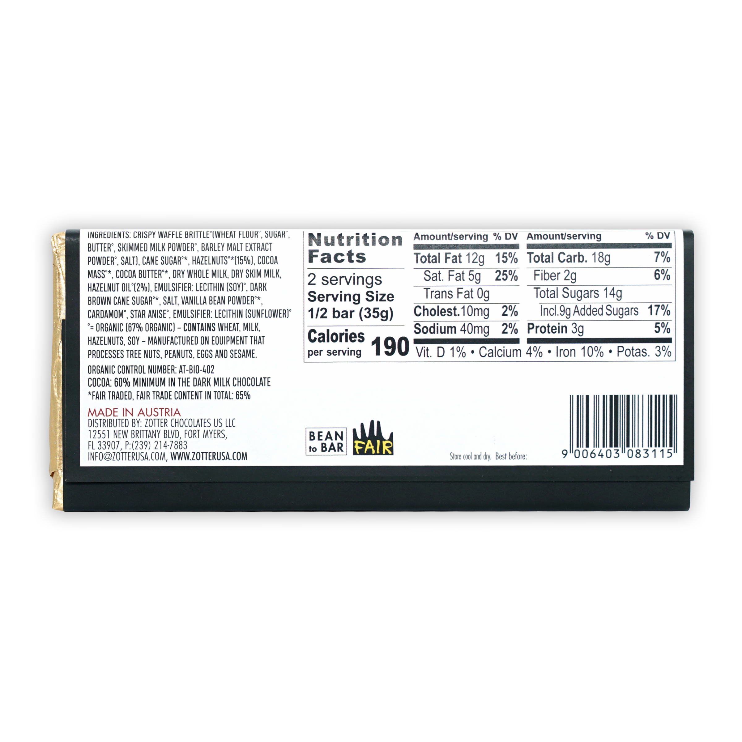 Zotter Waffle Brittle 60% dark milk chocolate bar with bean to bar label