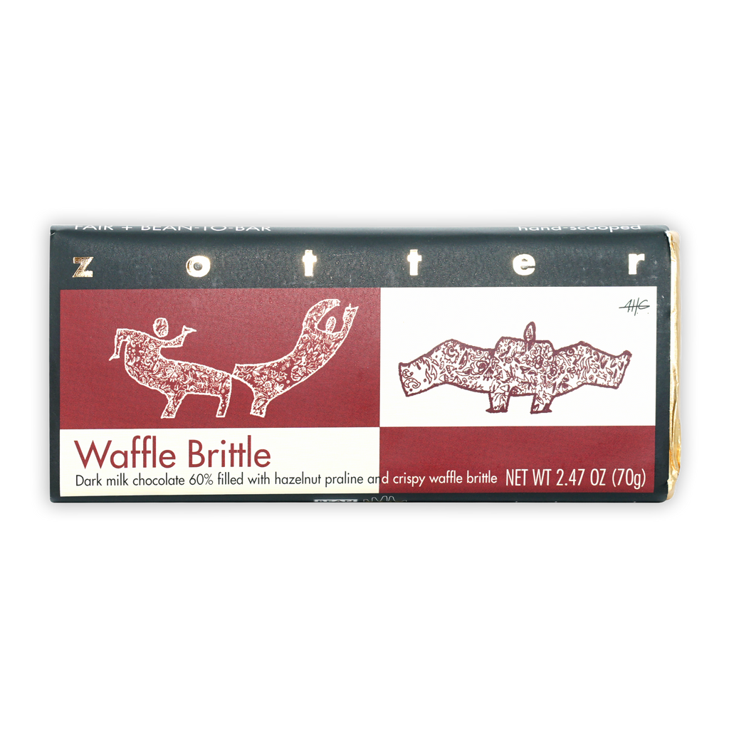 Zotter Waffle Brittle 60% chocolate bar with animal-illustrated wrapper