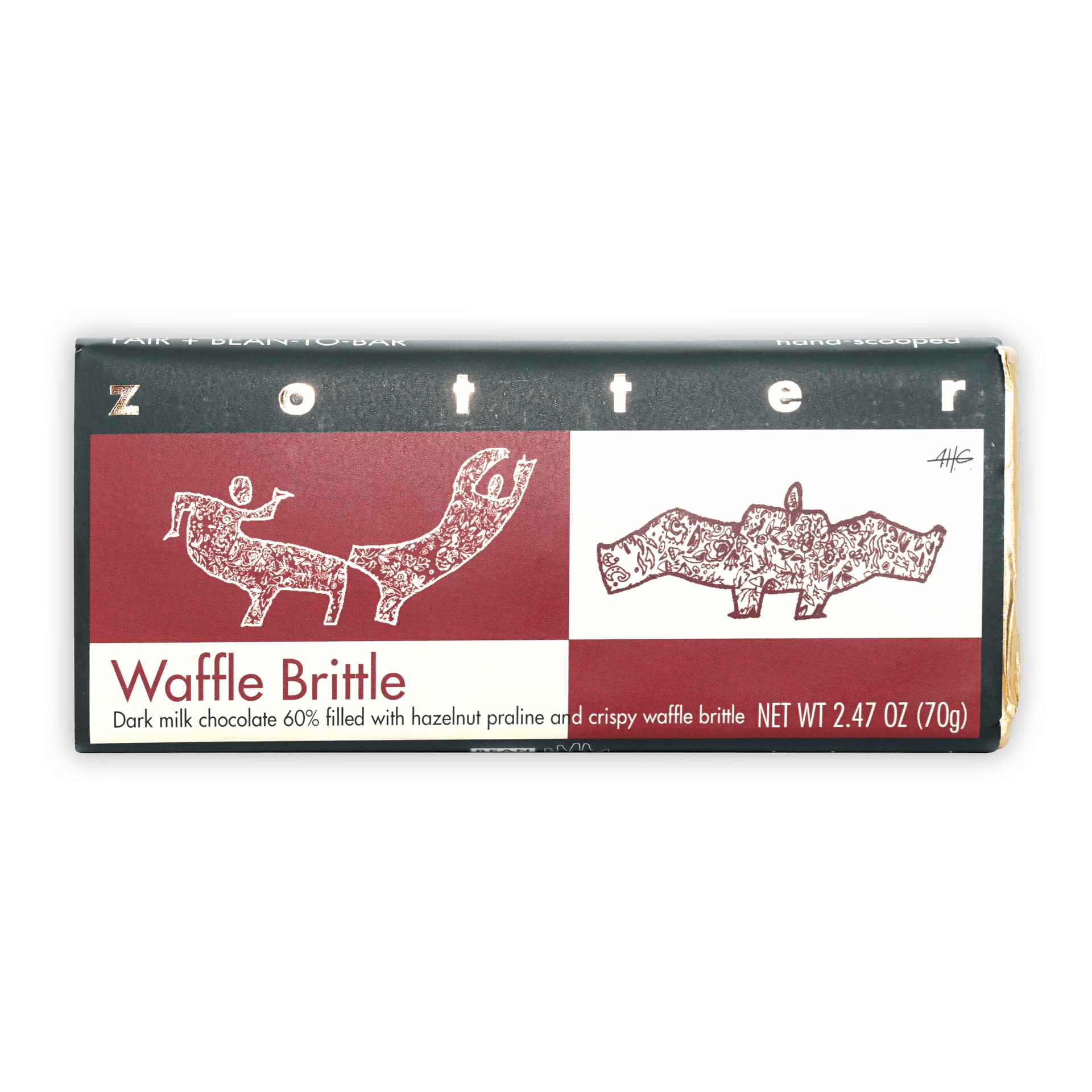 Zotter Waffle Brittle 60% chocolate bar with animal-illustrated wrapper