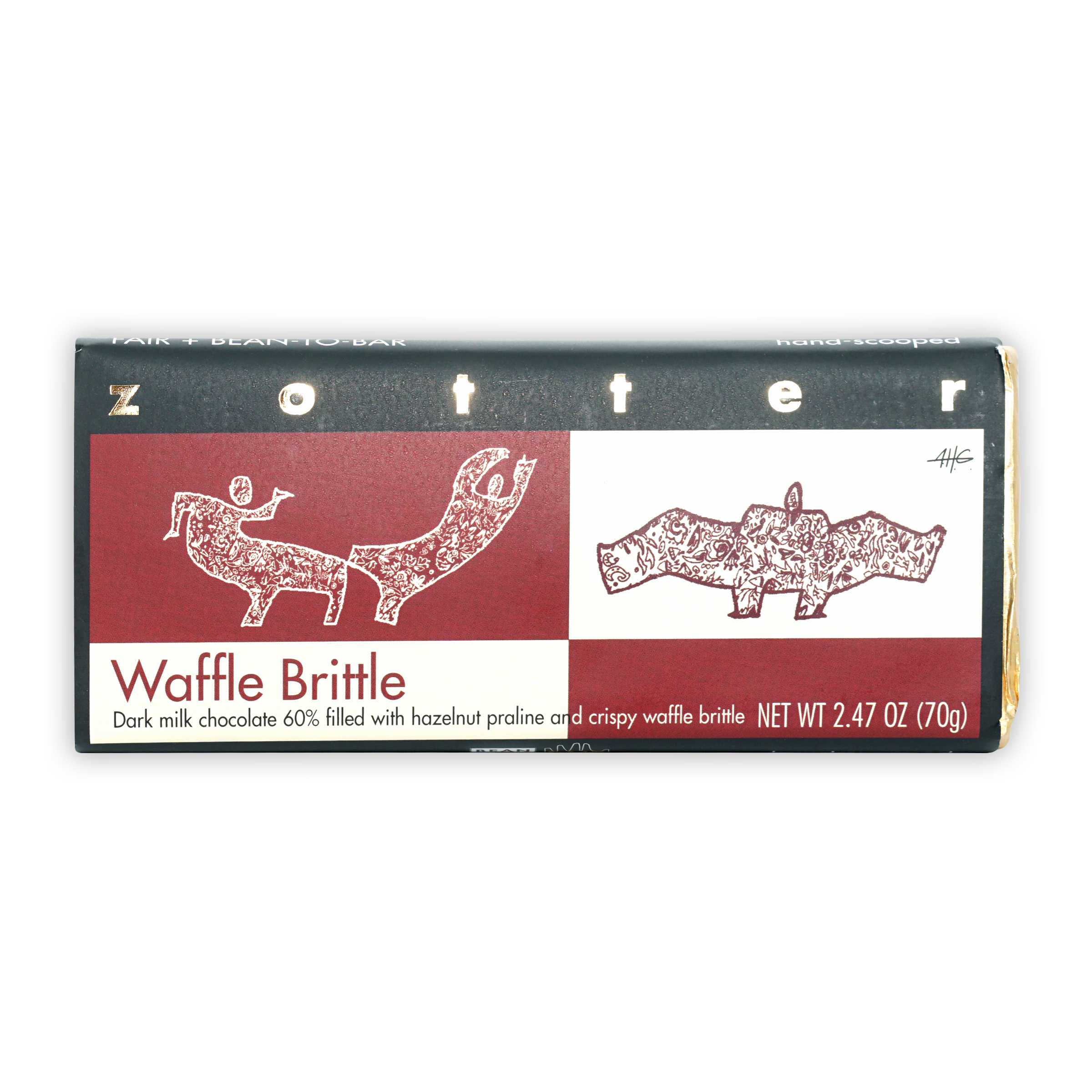 Zotter Waffle Brittle 60% chocolate bar with animal-illustrated wrapper