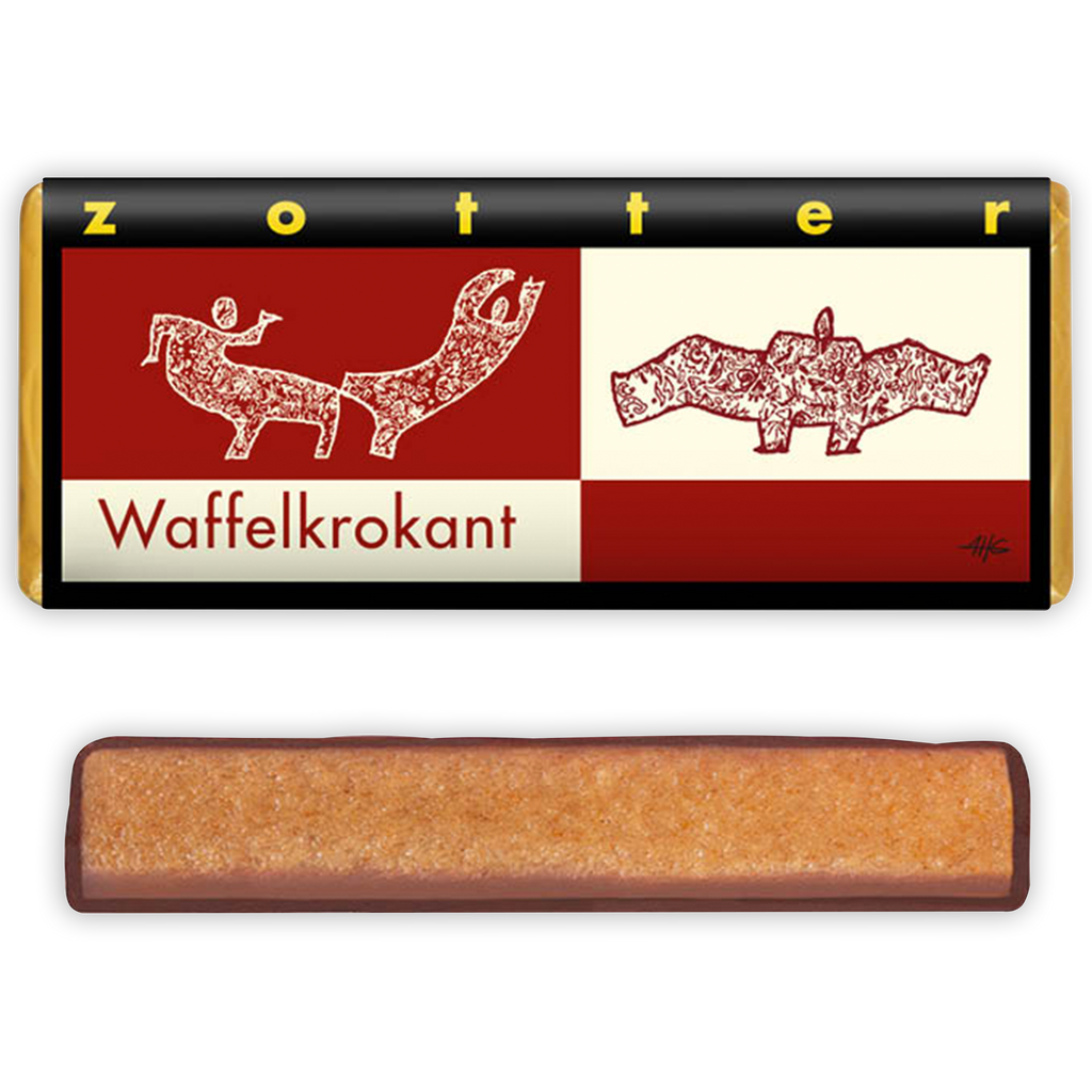 Zotter Waffle Brittle 60% chocolate bar with red cream wrapper and animal illustrations