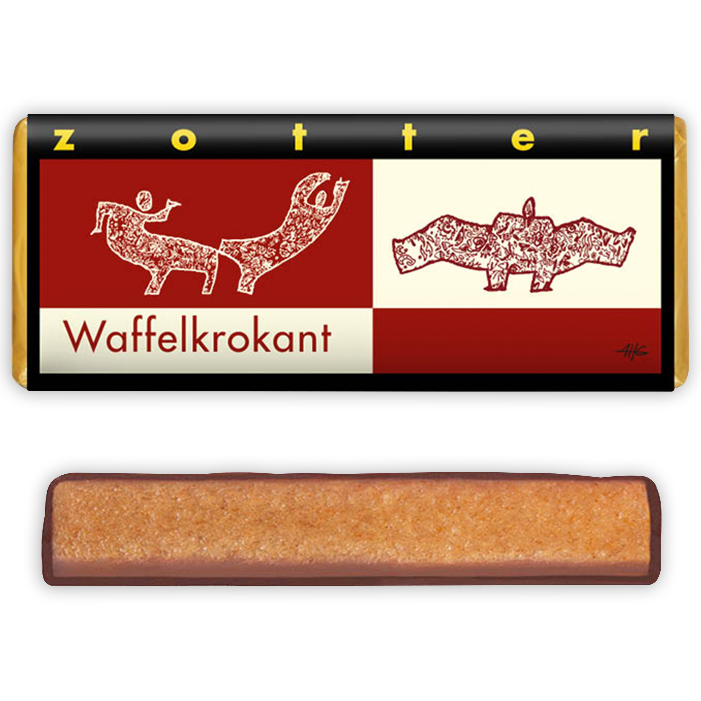 Zotter Waffle Brittle 60% chocolate bar with red cream wrapper and animal illustrations
