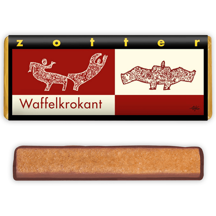 Zotter Waffle Brittle 60% chocolate bar with red cream wrapper and animal illustrations