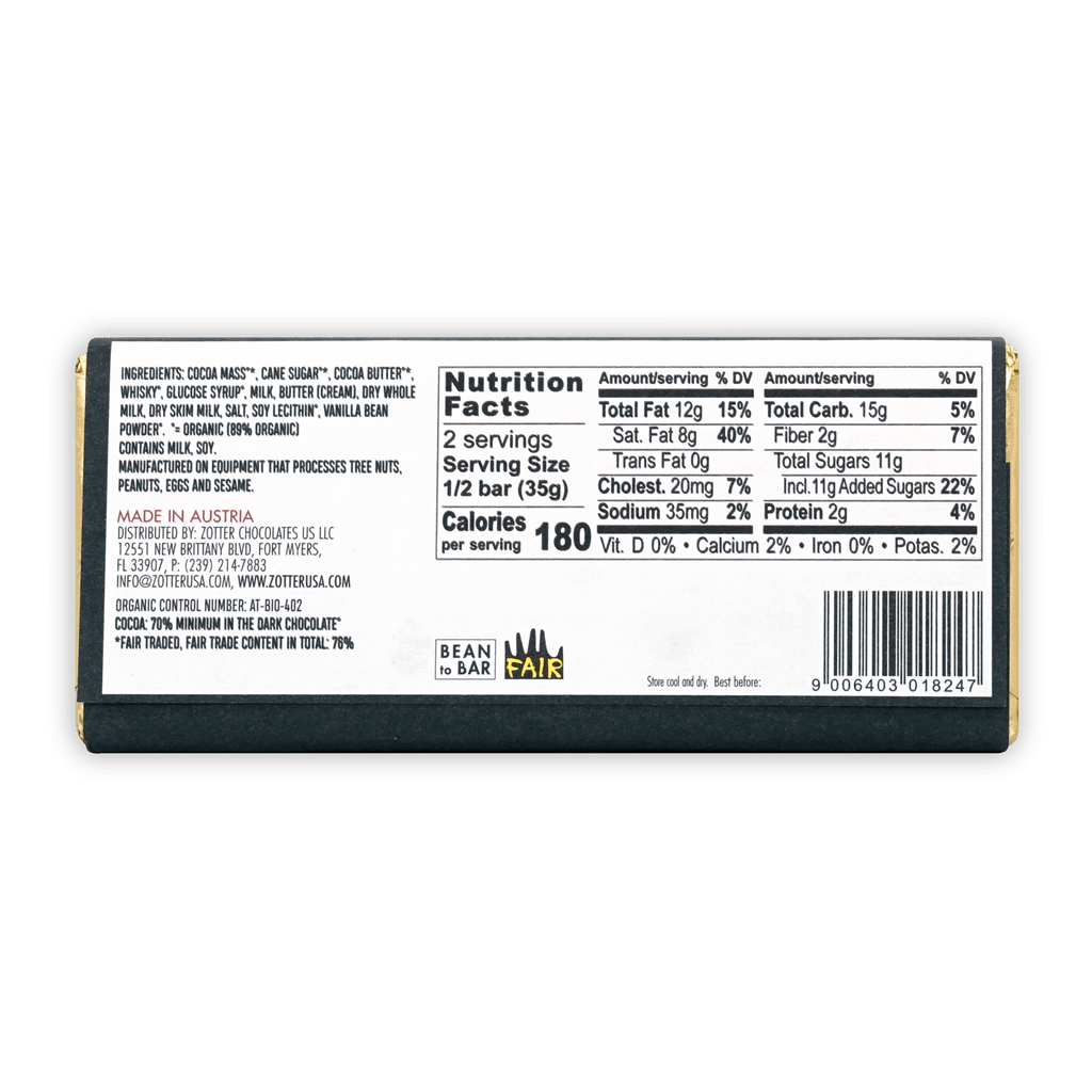Zotter Whisky 70% dark chocolate bar with gold foil label