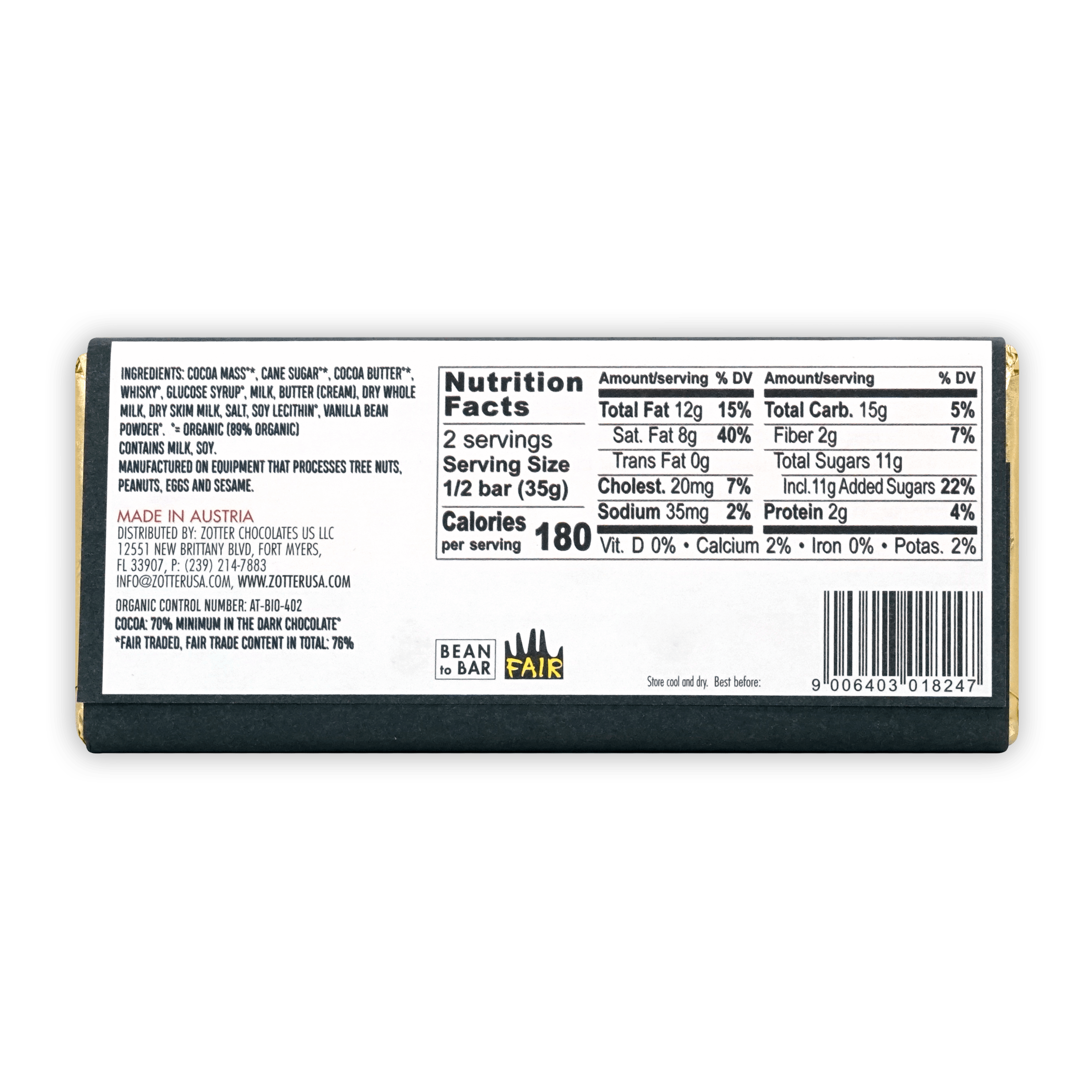 Zotter Whisky 70% dark chocolate bar with gold foil label