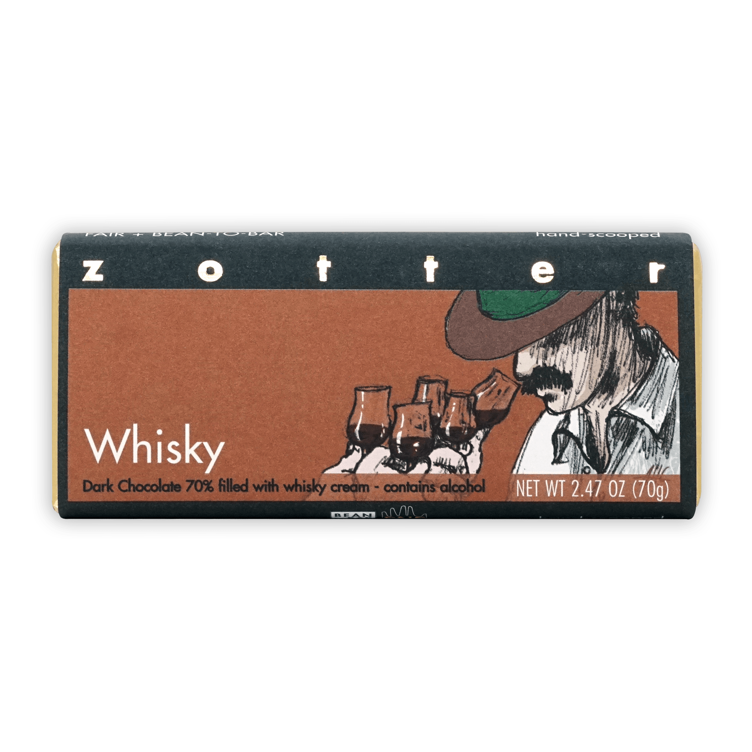 Zotter Whisky 70% dark chocolate bar with whisky cream filling