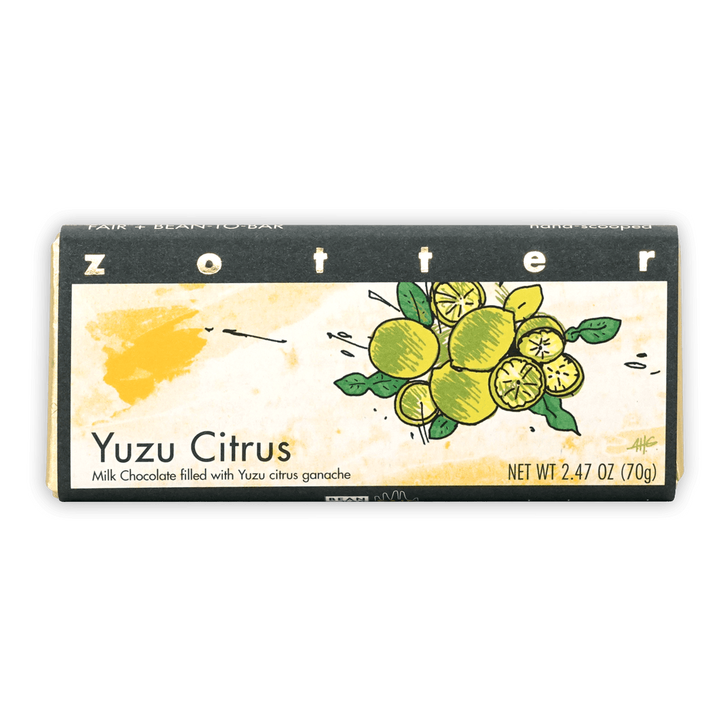 Zotter Yuzu Citrus 50% filled milk chocolate bar in black cream package