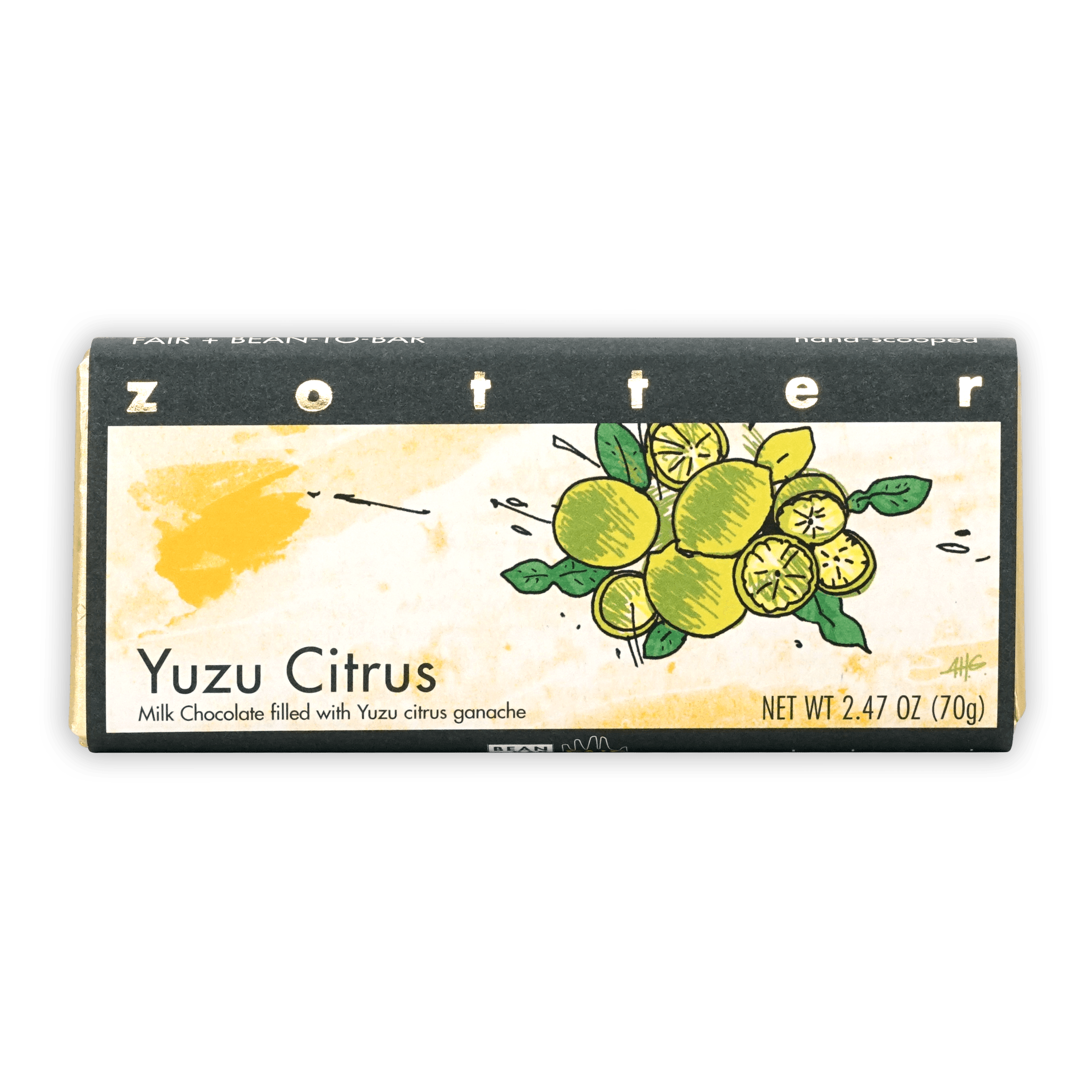 Zotter Yuzu Citrus 50% filled milk chocolate bar in black cream package