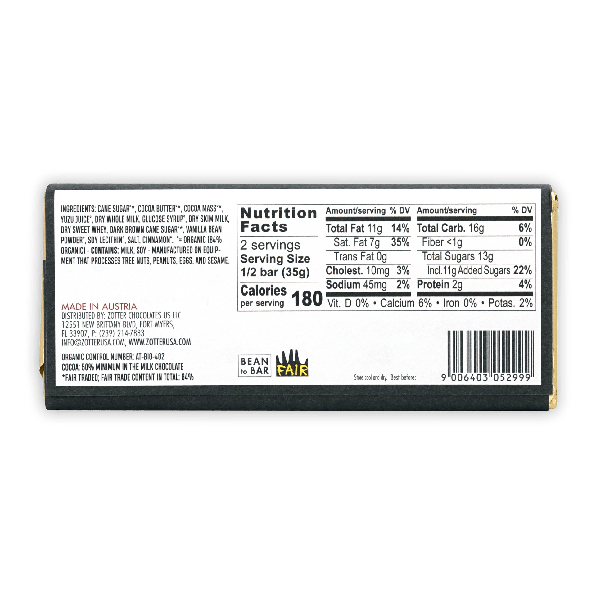 Zotter Yuzu Citrus 50% filled dark green rectangular bar wrapper with gold bean to bar logo