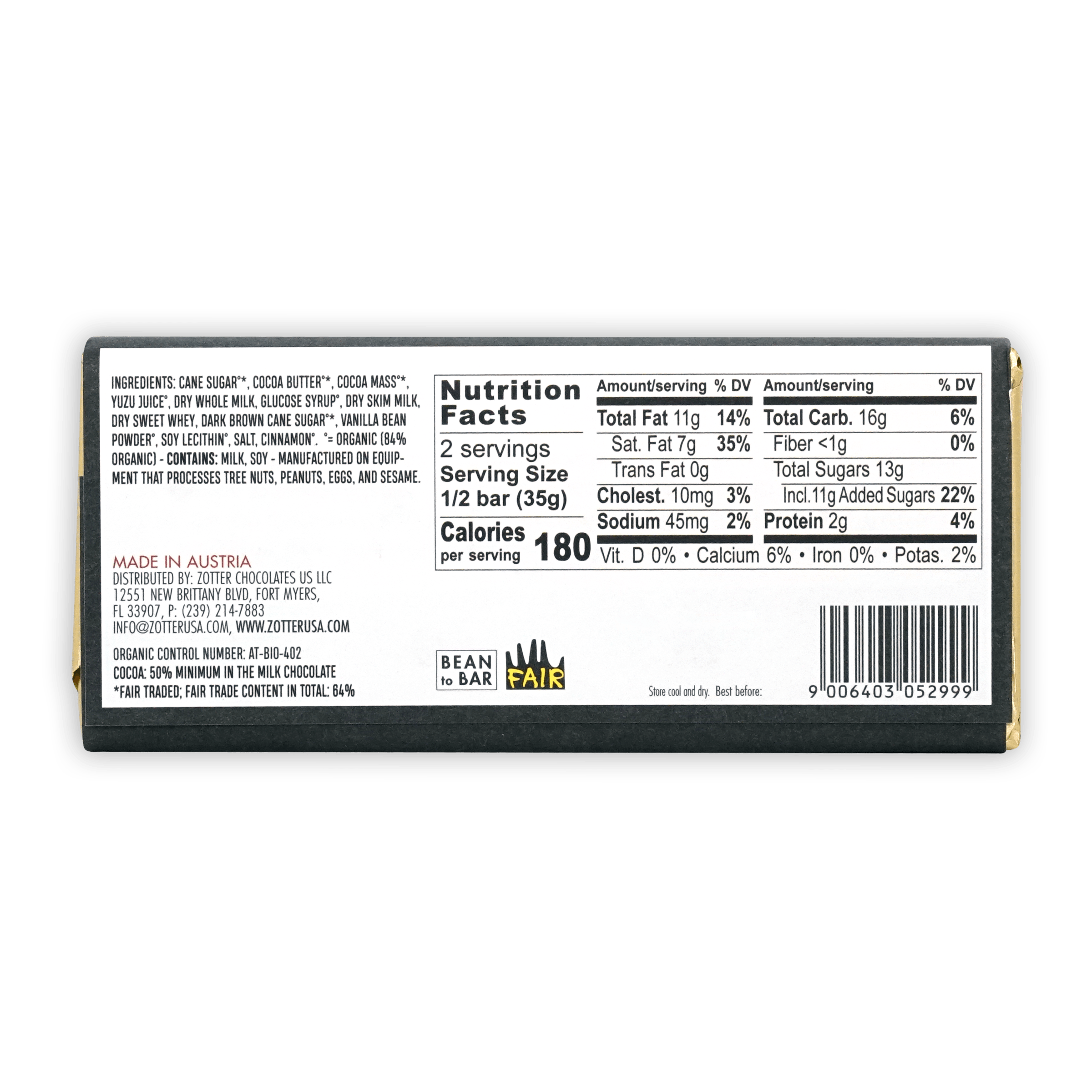 Zotter Yuzu Citrus 50% filled dark green rectangular bar wrapper with gold bean to bar logo