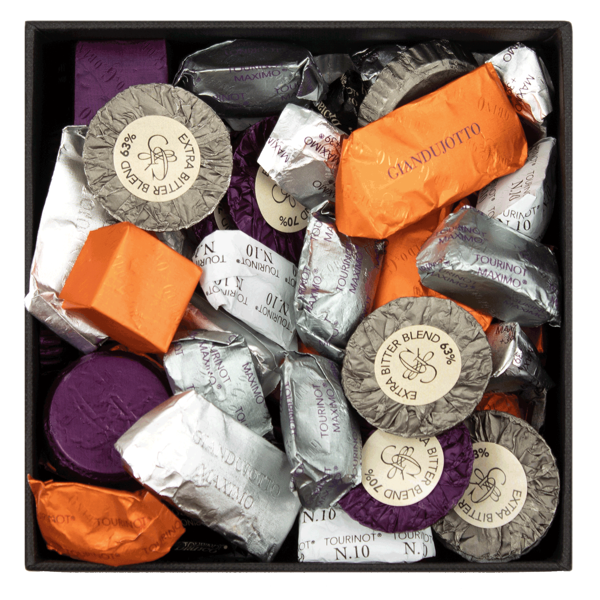 Guido Gobino assorted chocolate truffles in colorful foils, XL cube box