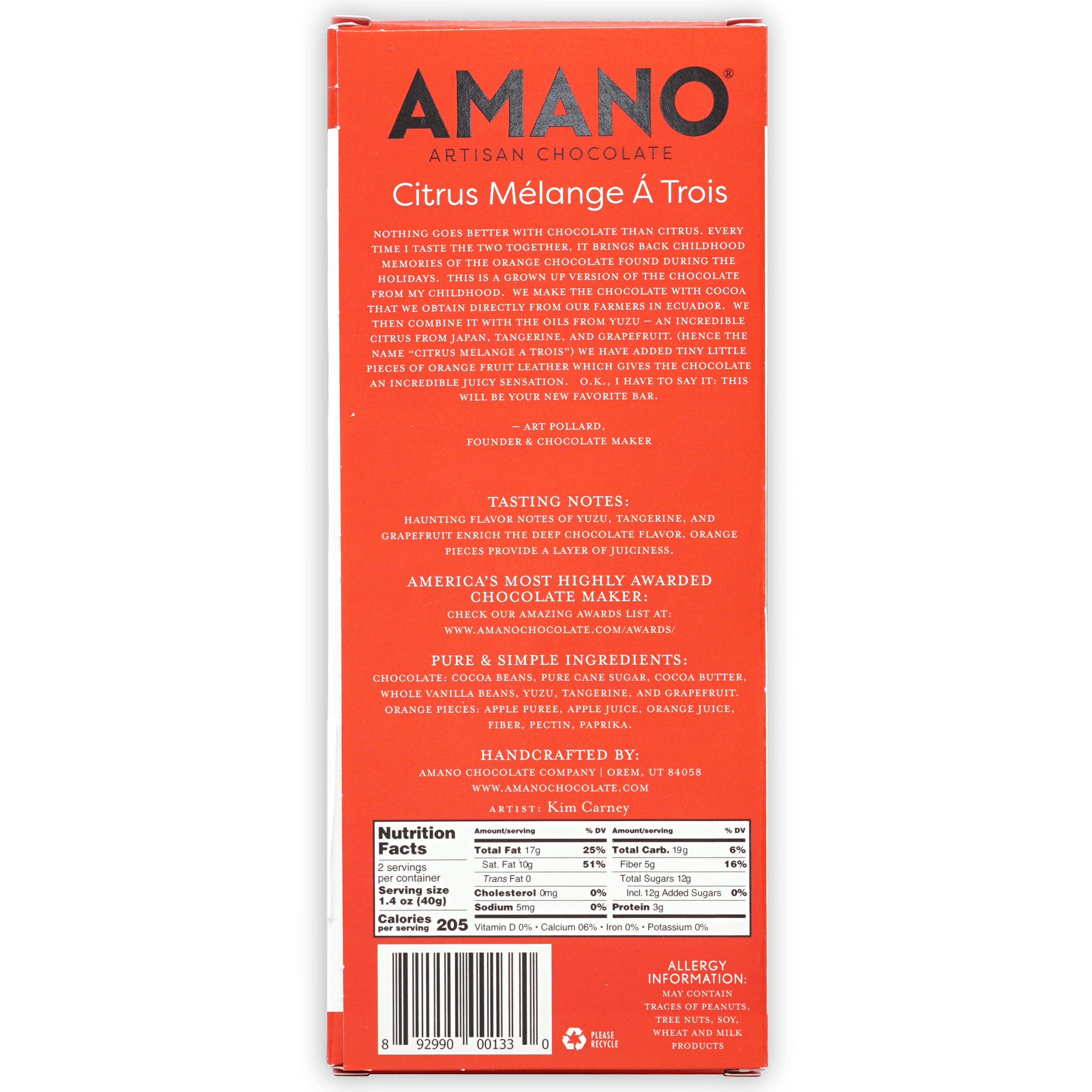 Amano Citrus Melange a Trois 55% bar in vibrant red box