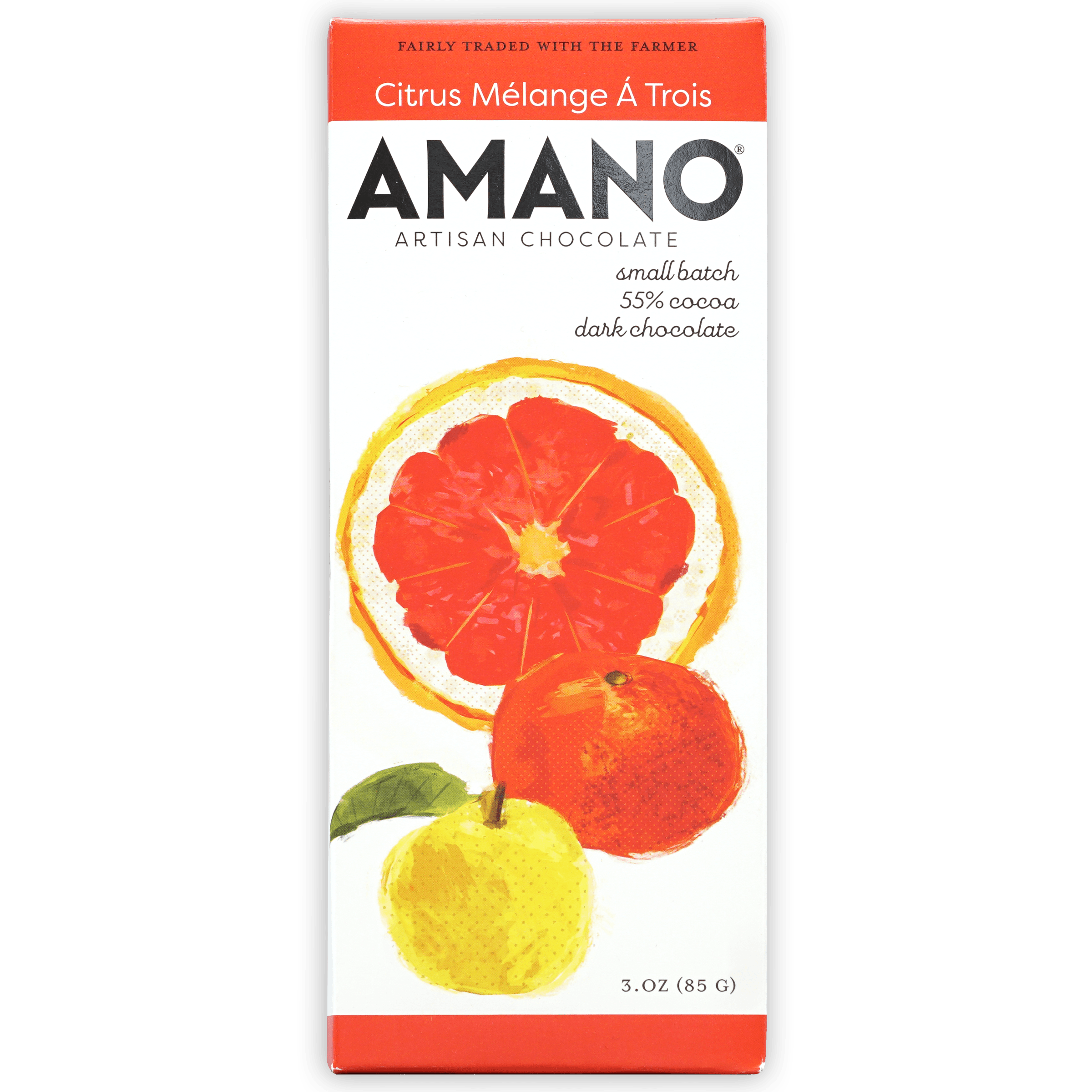 Amano Citrus Melange à Trois 55% artisan chocolate bar with citrus illustration