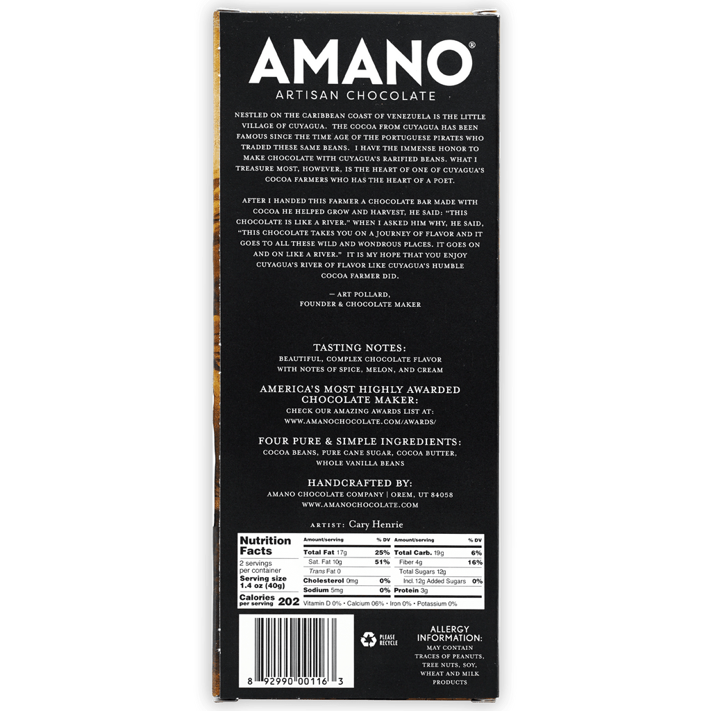 Amano Cuyagua 70% black artisan chocolate bar wrapper with gold foil
