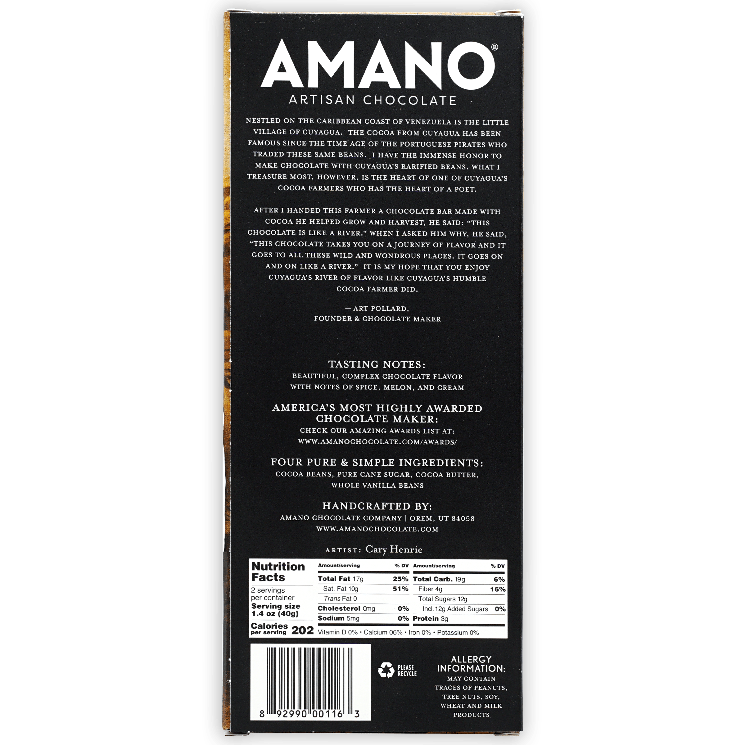 Amano Cuyagua 70% black artisan chocolate bar wrapper with gold foil