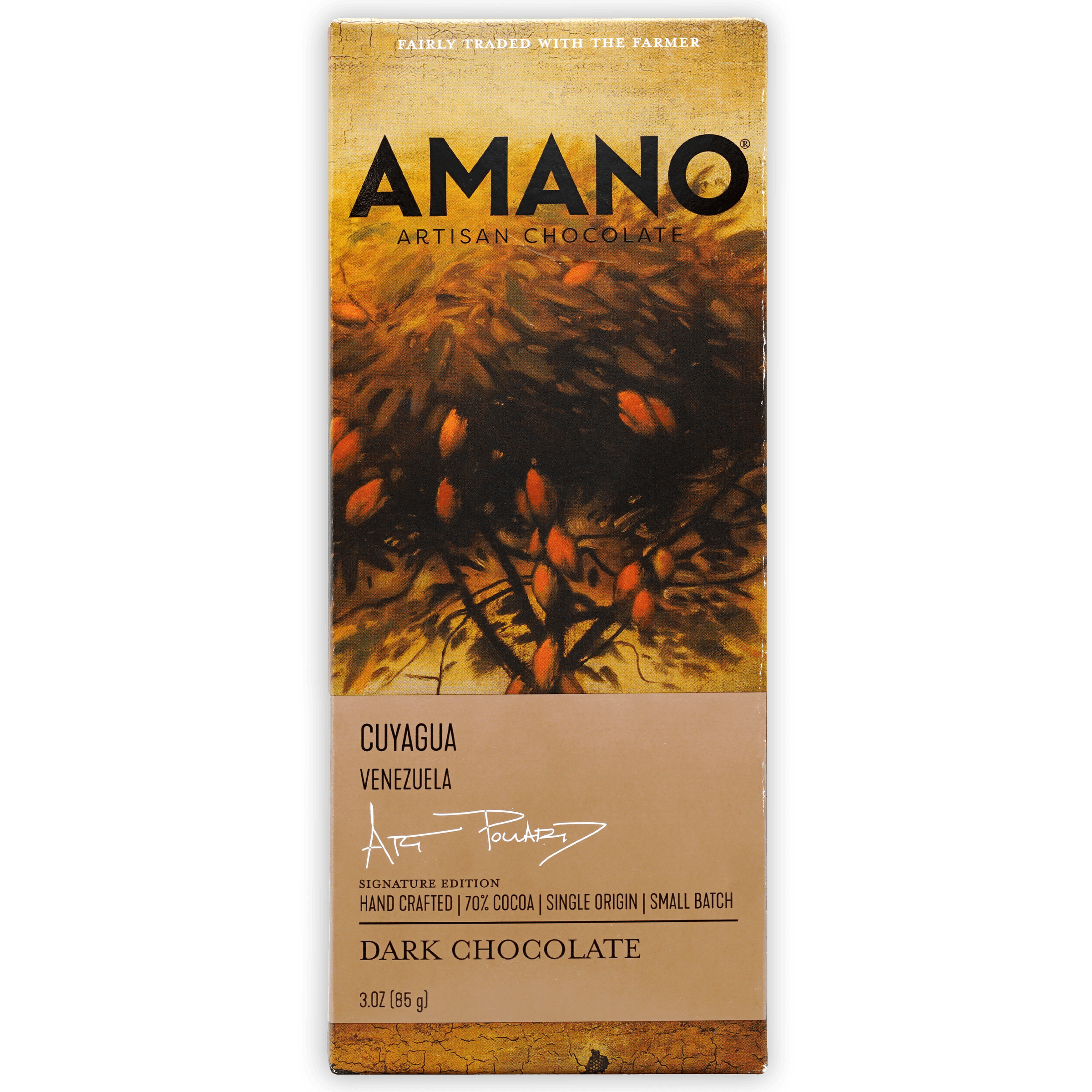 Amano Cuyagua 70% dark chocolate bar from Venezuela in signature edition package