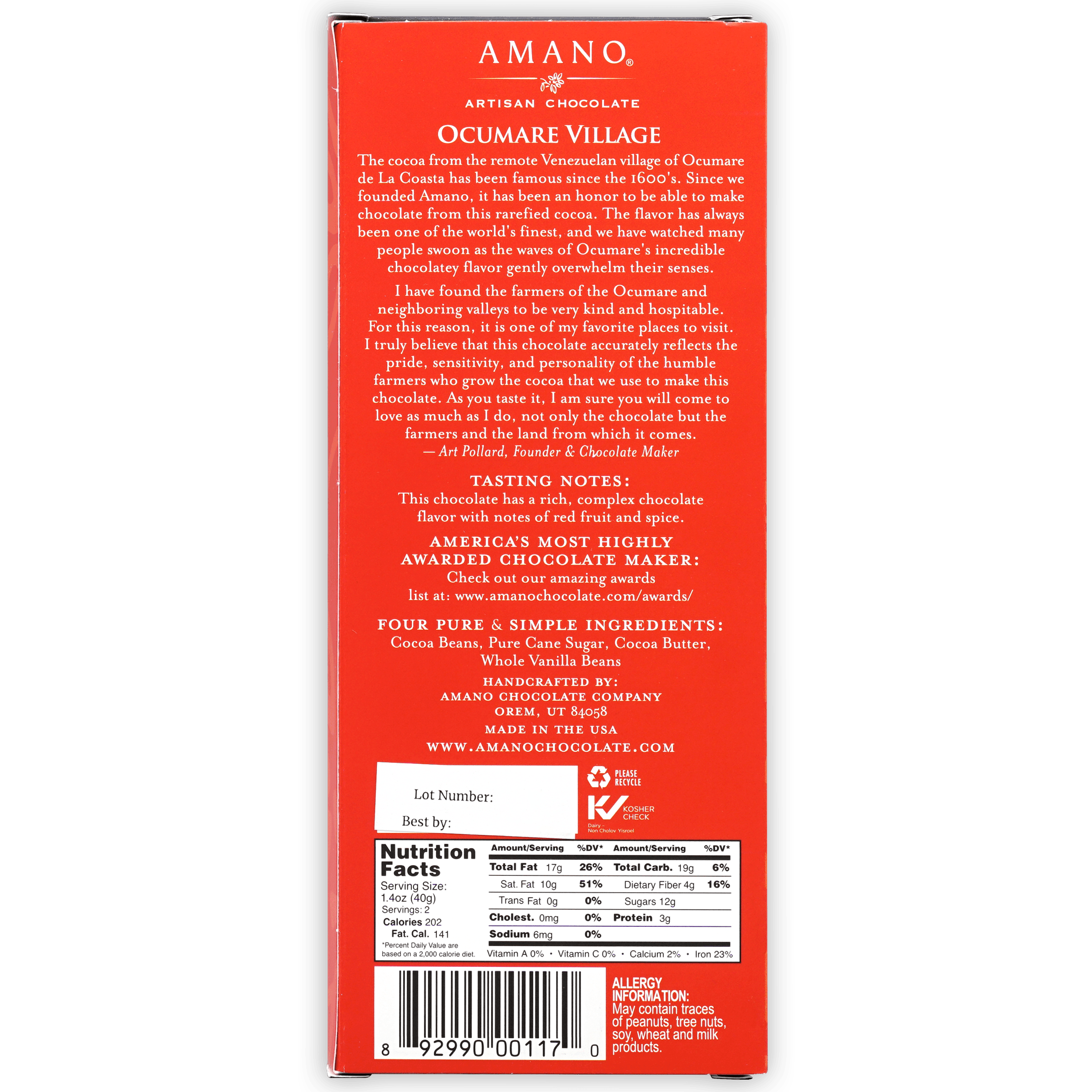 Amano Ocumare 70% red rectangular artisan chocolate box, Ocumare Village flavor