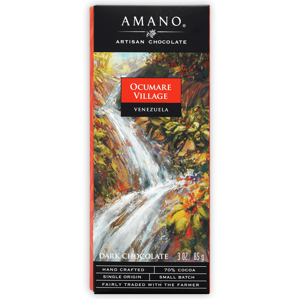 Amano Ocumare 70% chocolate bar with vibrant waterfall packaging