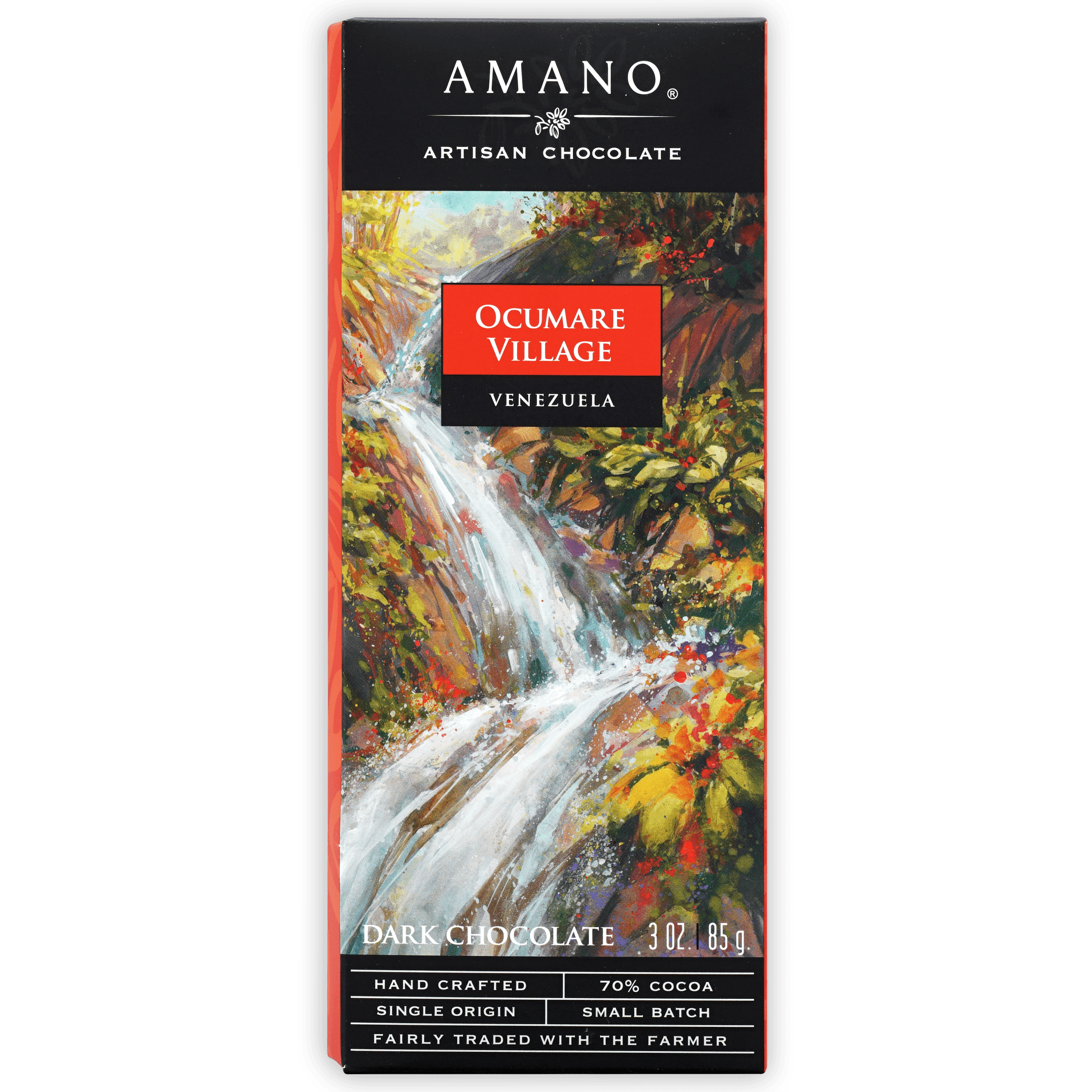 Amano Ocumare 70% chocolate bar with vibrant waterfall packaging