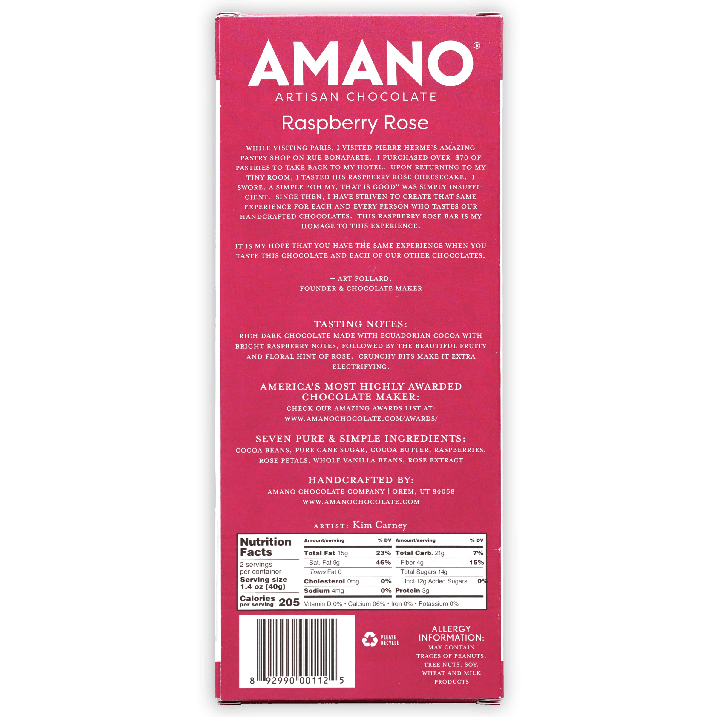 Amano raspberry rose dark 55% chocolate bar in vibrant pink box