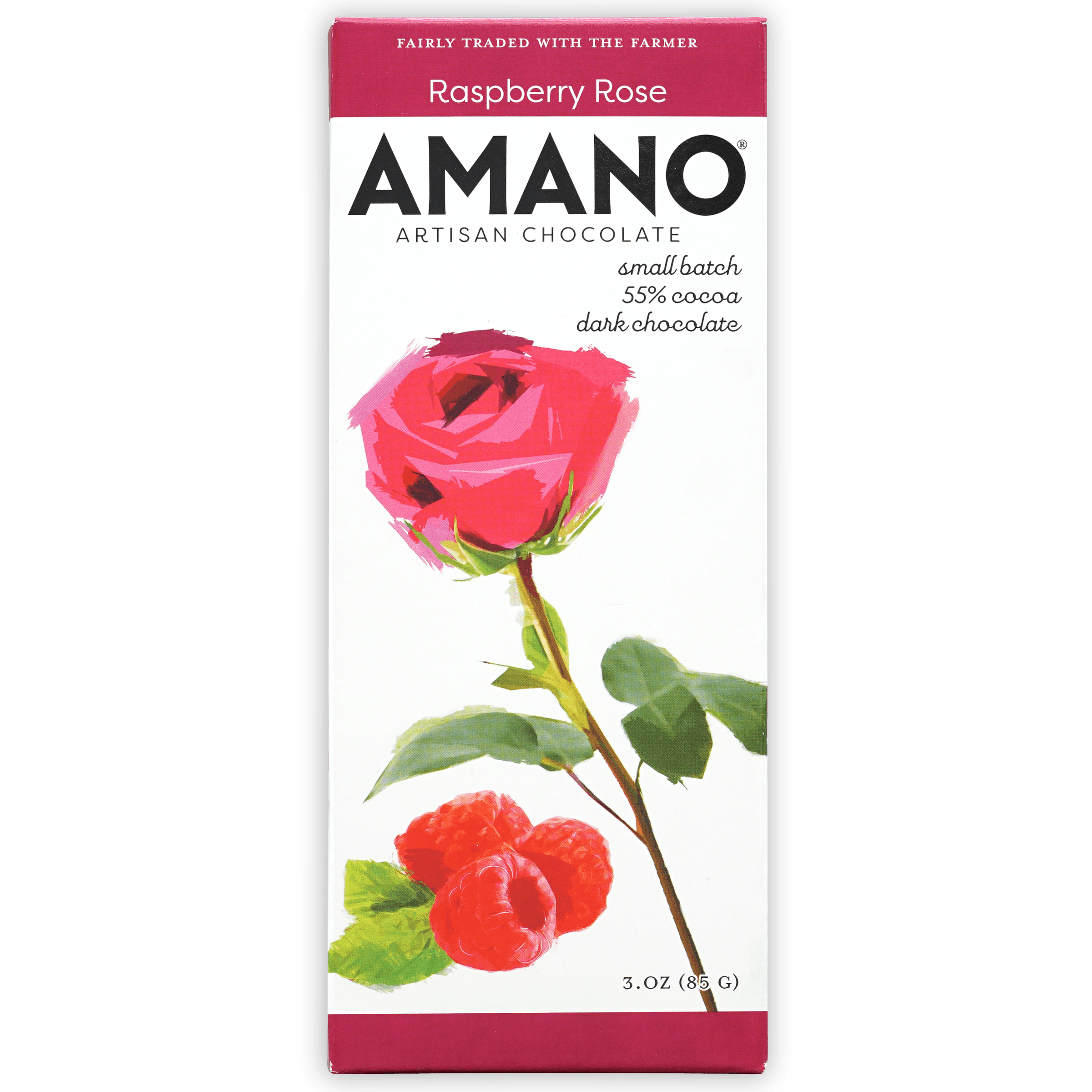 Amano Raspberry Rose 55% dark chocolate bar with rose and raspberry design