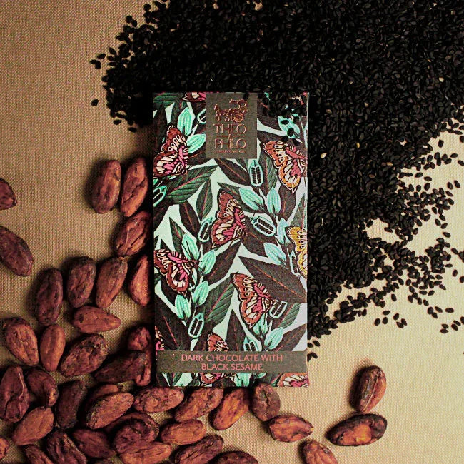 Theo & Philo 65% dark chocolate bar with black sesame, botanical wrap
