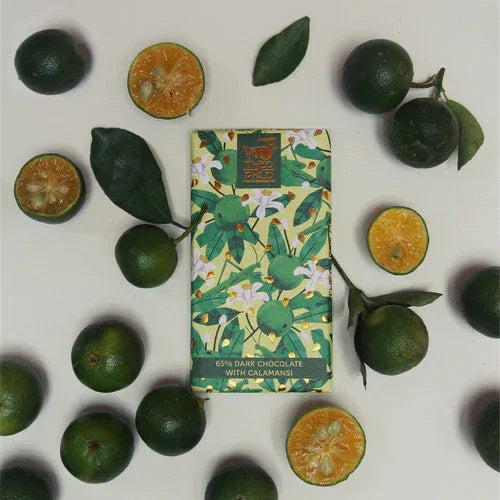 Theo & Philo 63% dark chocolate with calamansi, green botanical design