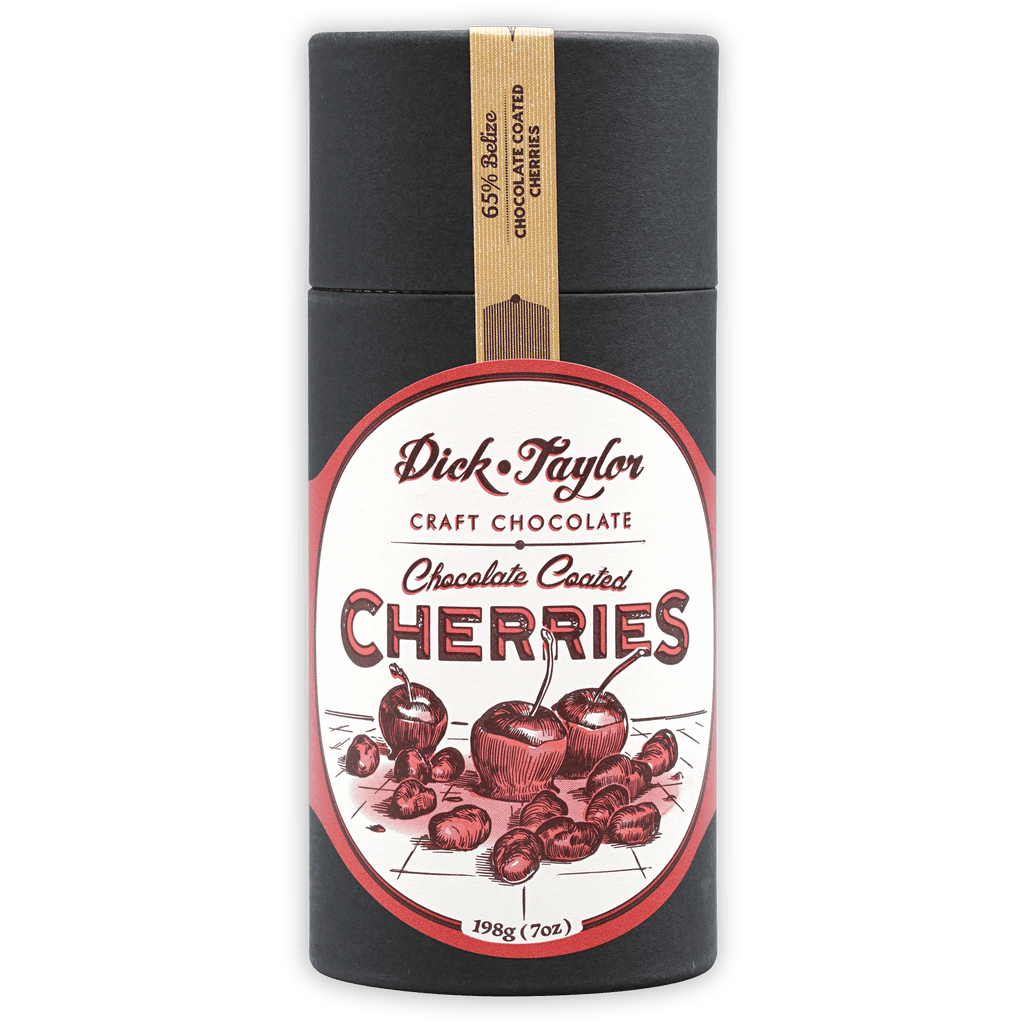 Dick Taylor Chocolate Coated Cherries 65% in sleek black tin with cherry label