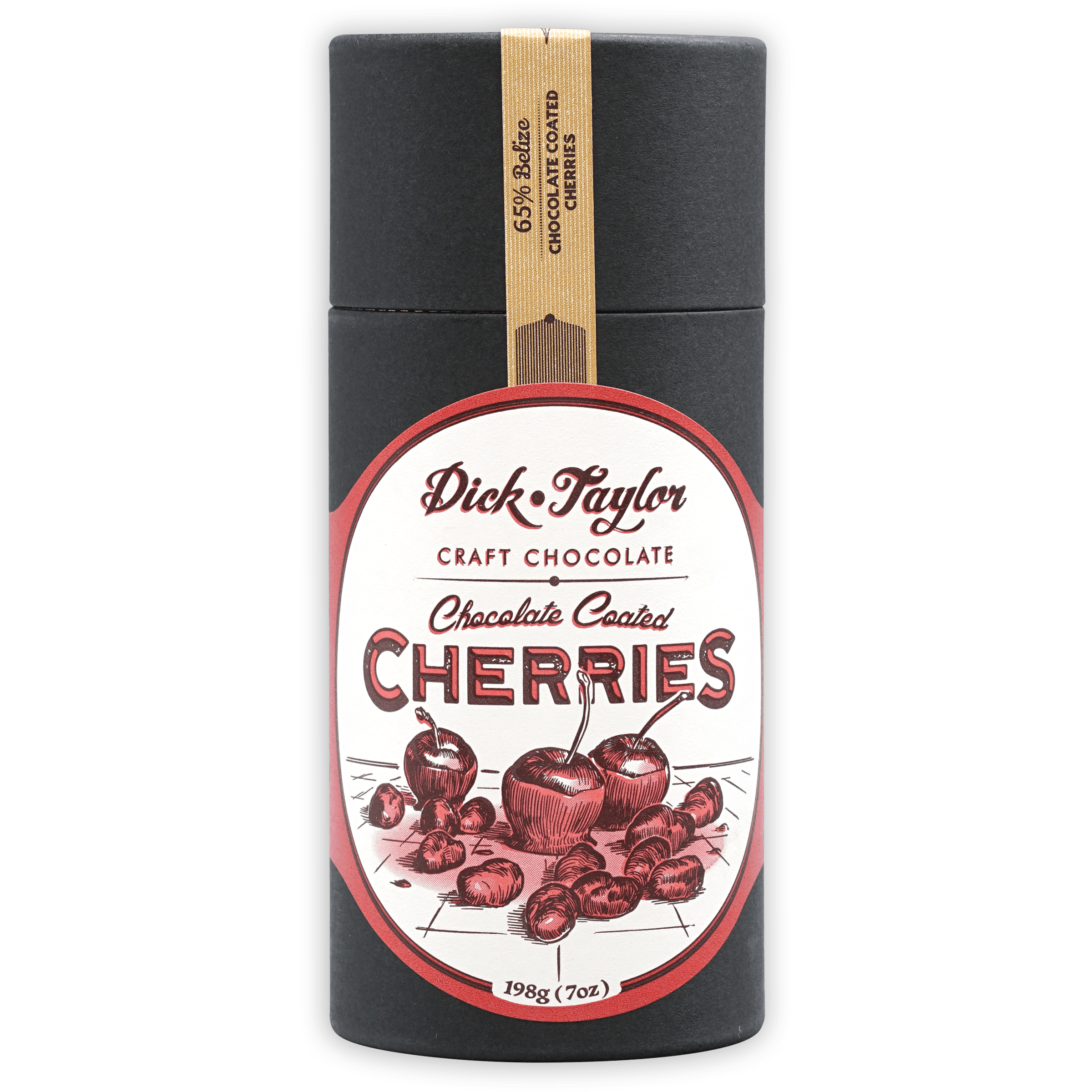 Dick Taylor Chocolate Coated Cherries 65% in sleek black tin with cherry label