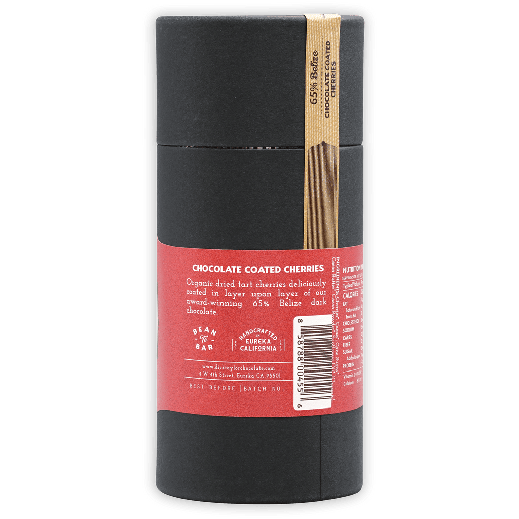 Dick Taylor 65% Belize chocolate-coated cherries in black can with red label