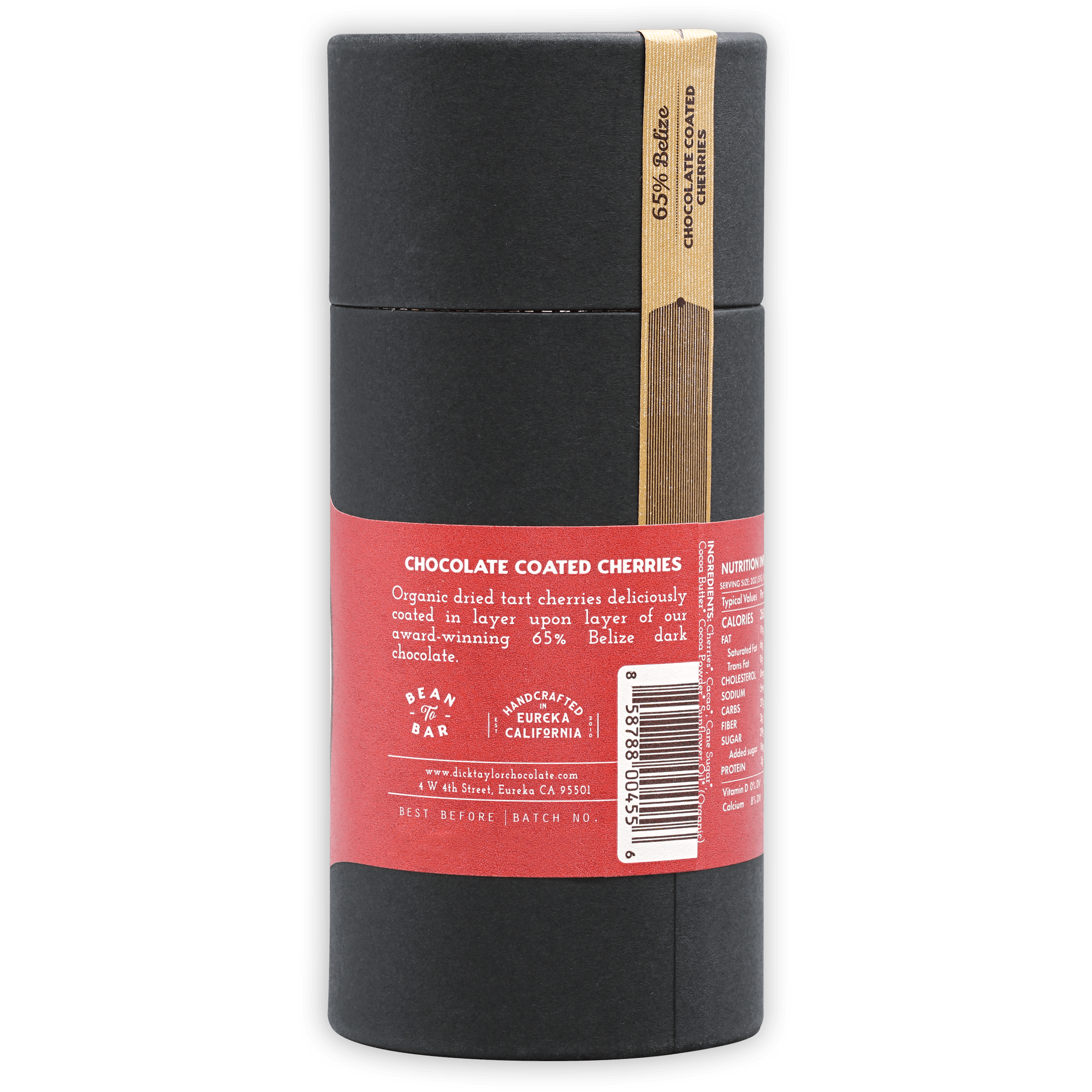Dick Taylor 65% Belize chocolate-coated cherries in black can with red label