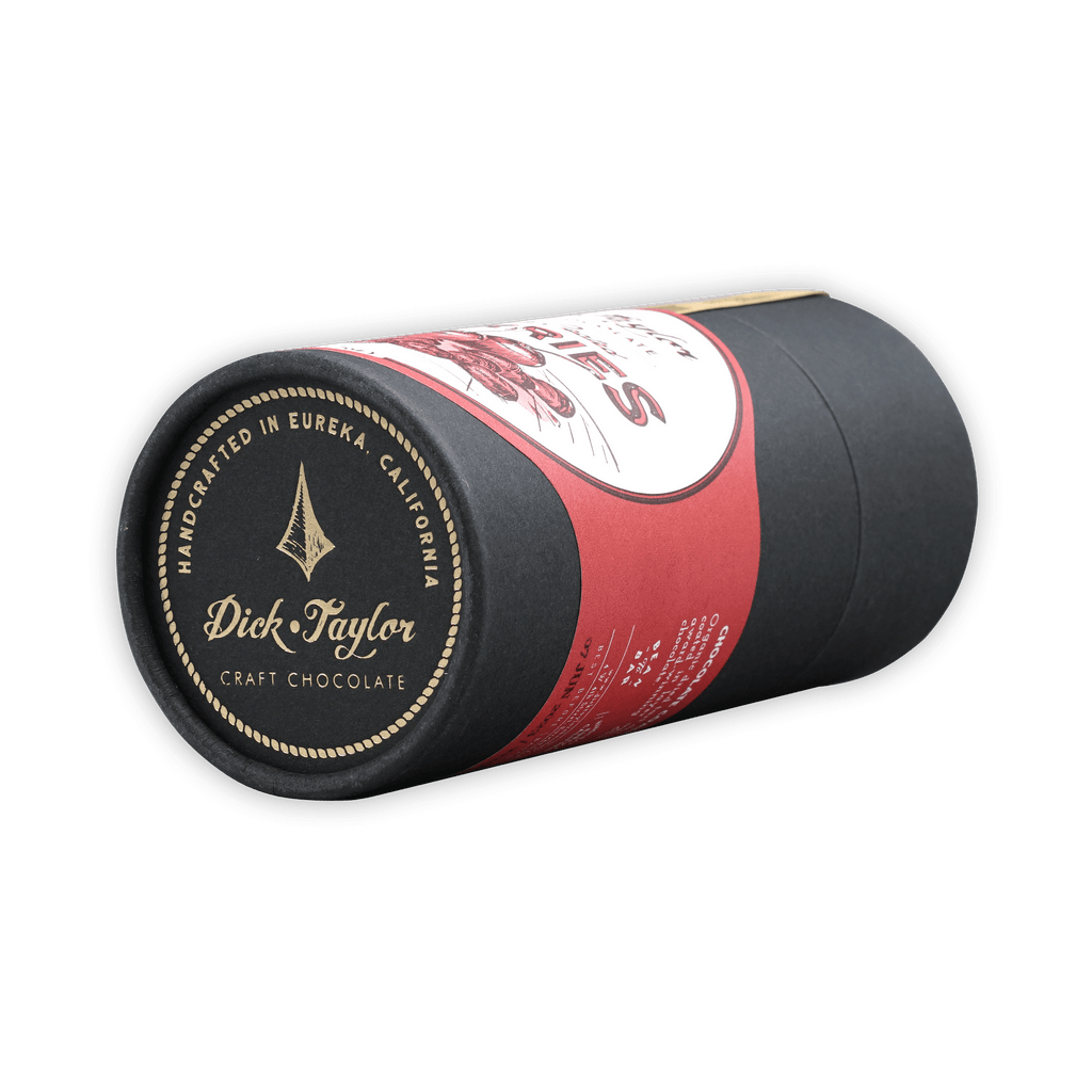 Dick Taylor Chocolate Coated Cherries 65% black cylindrical packaging with red white label