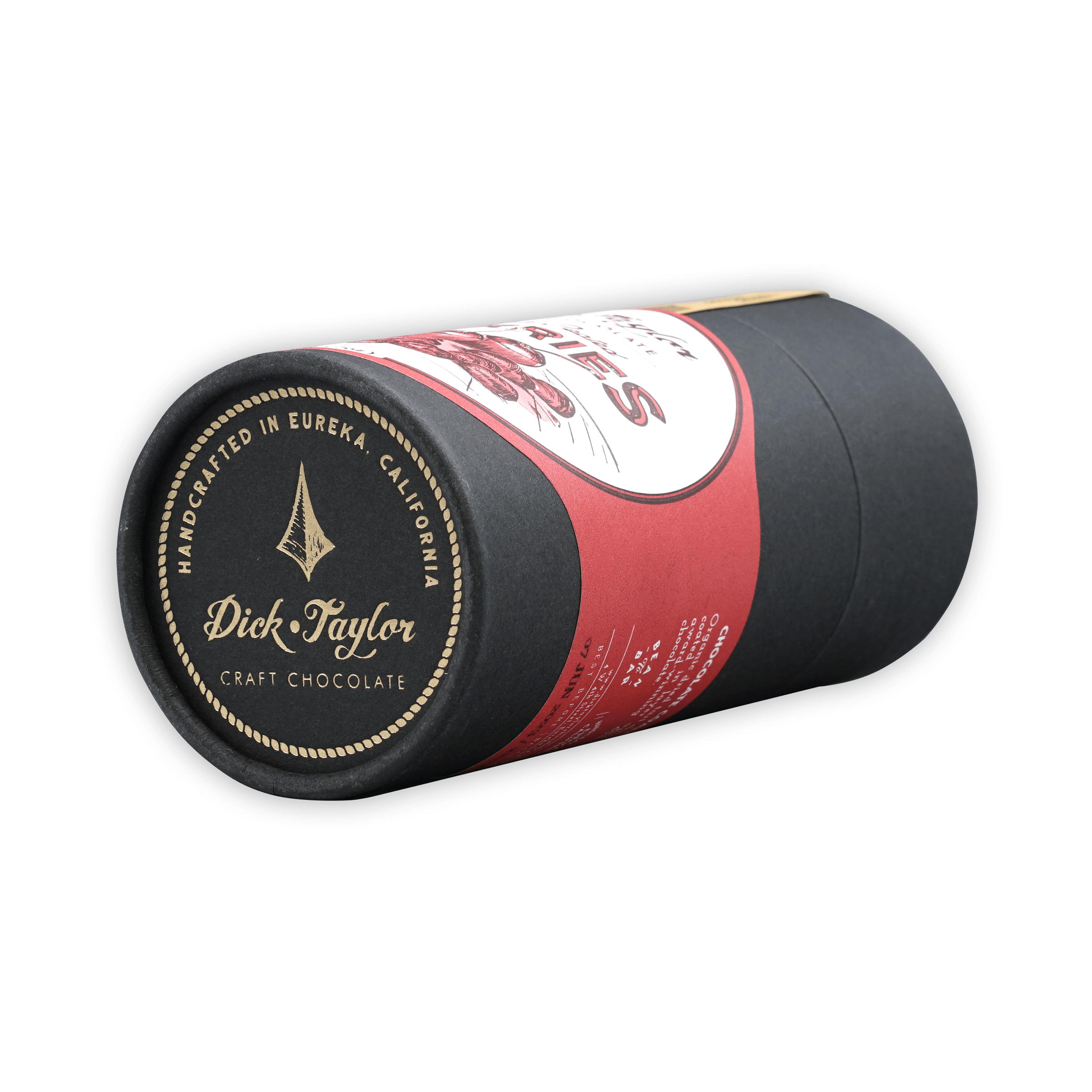 Dick Taylor Chocolate Coated Cherries 65% black cylindrical packaging with red white label