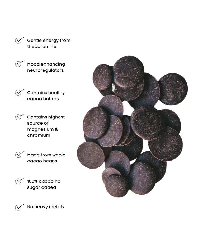 Smooth glossy dark chocolate discs of Ora Ceremonial Cacao Oaxacan Spice 100%