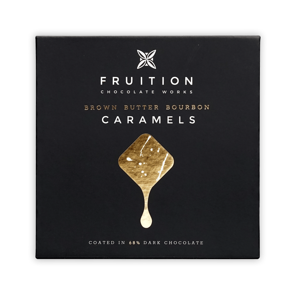 Fruition Brown Butter Bourbon Caramels 68% black box with gold caramel drop