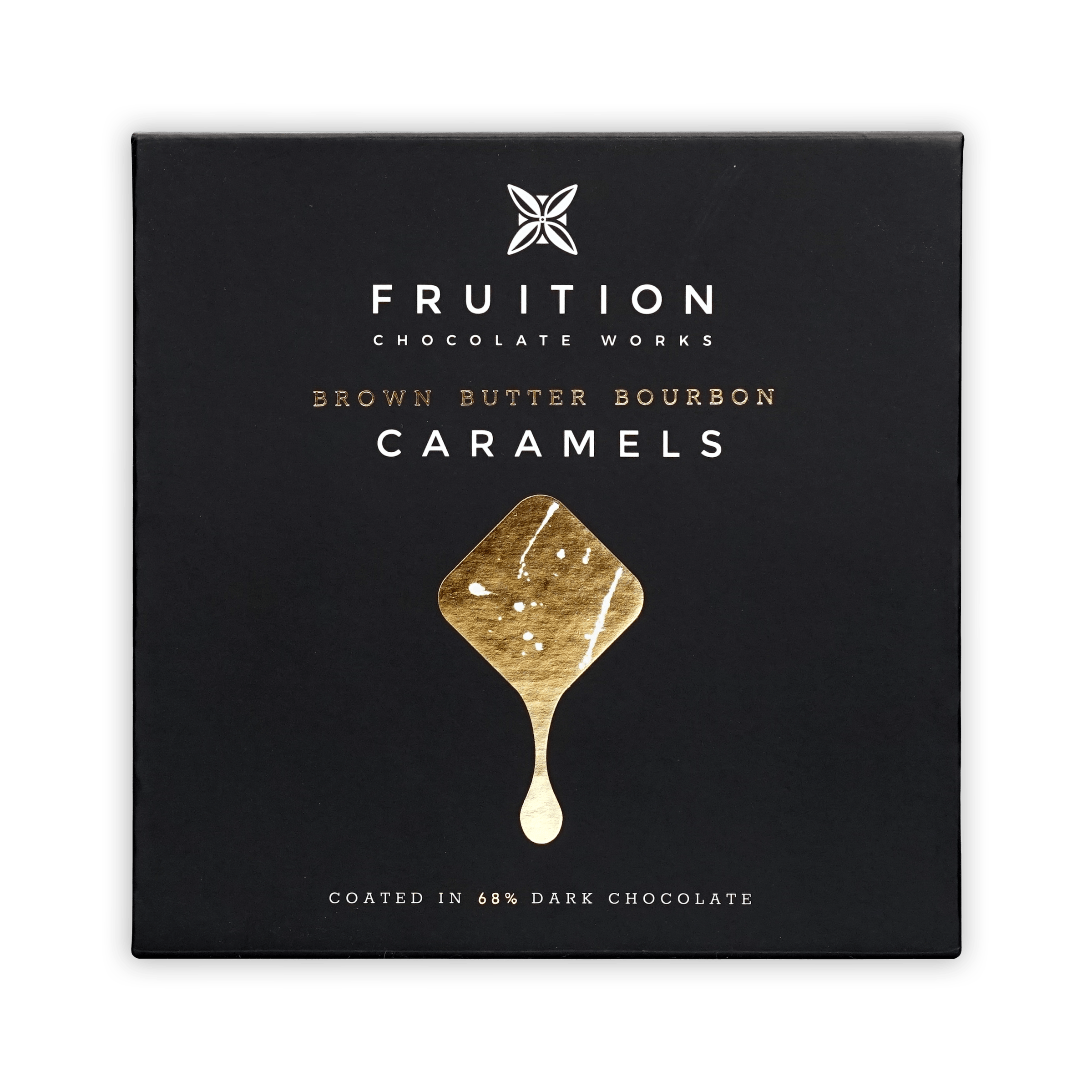 Fruition Brown Butter Bourbon Caramels 68% black box with gold caramel drop