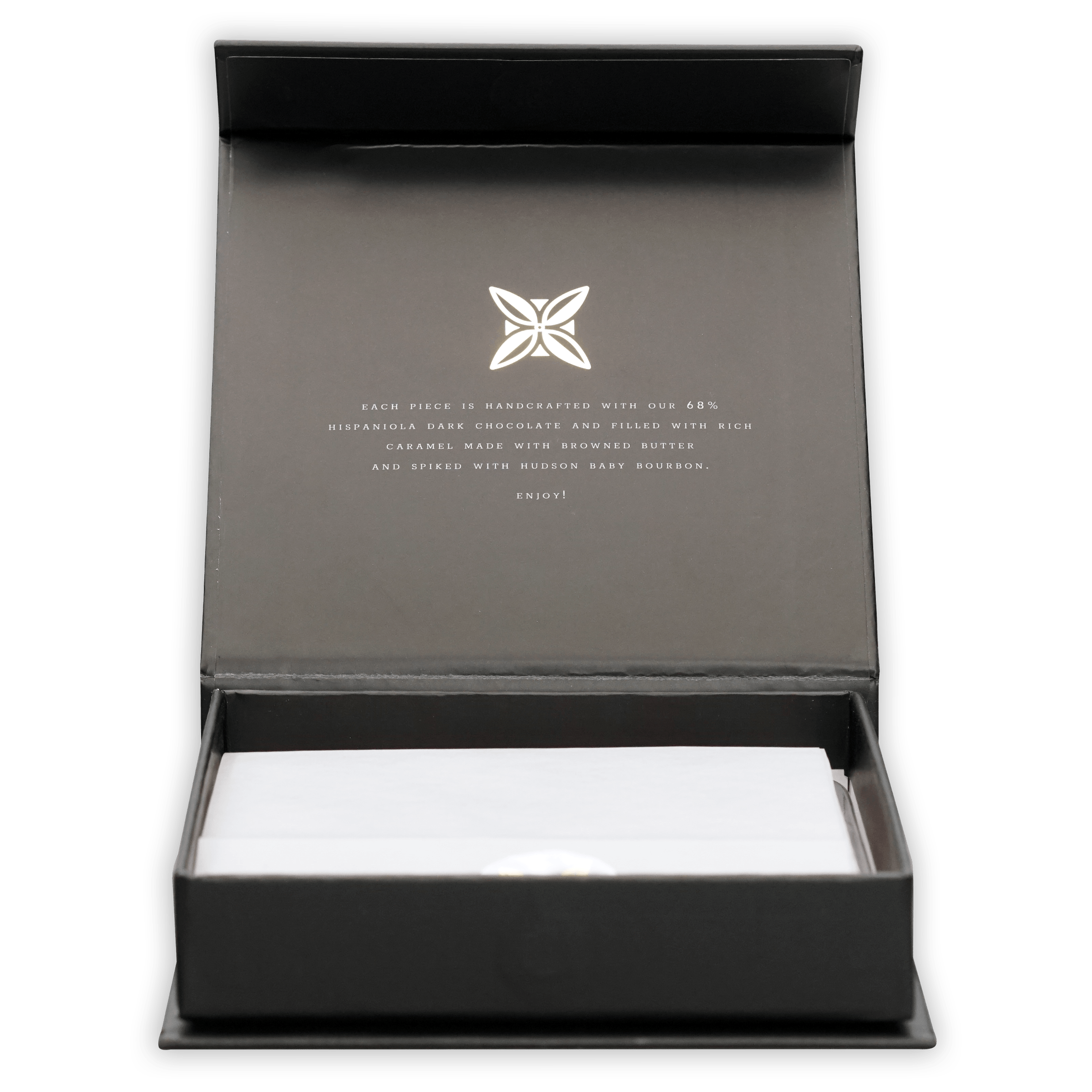 Elegant matte black Fruition Brown Butter Bourbon Caramels gift box with white chocolate bars