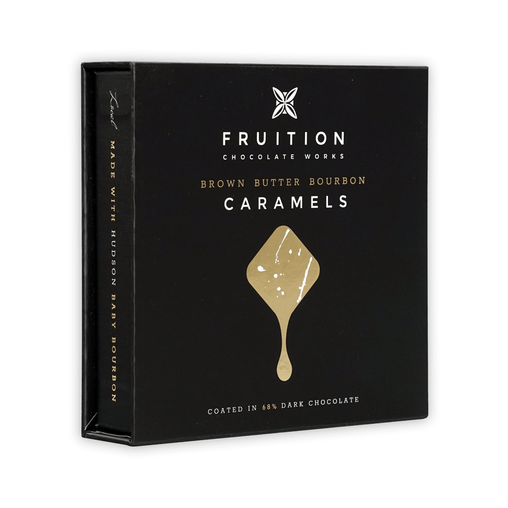 Fruition Brown Butter Bourbon Caramels 68% black box with gold text and caramel window