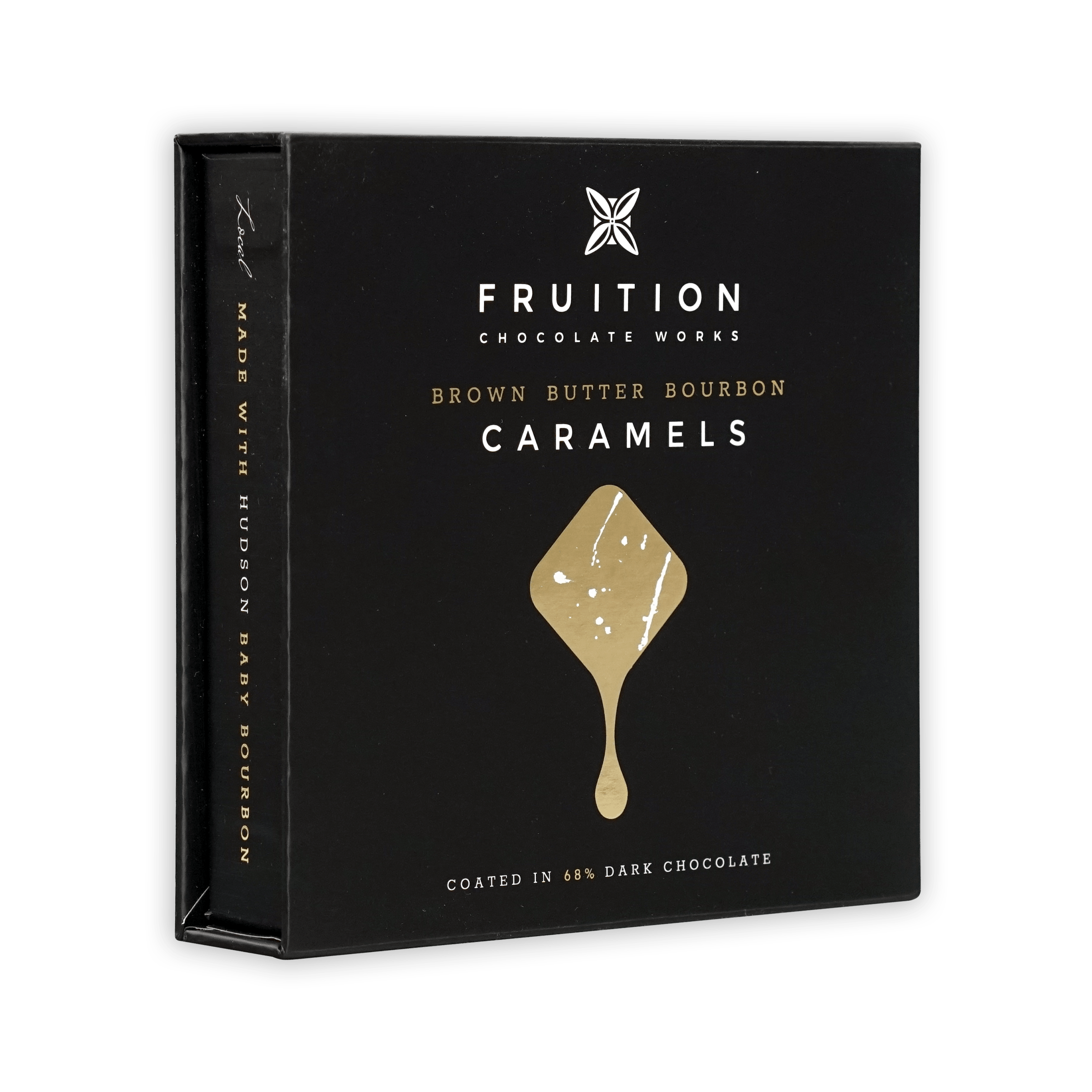 Fruition Brown Butter Bourbon Caramels 68% black box with gold text and caramel window