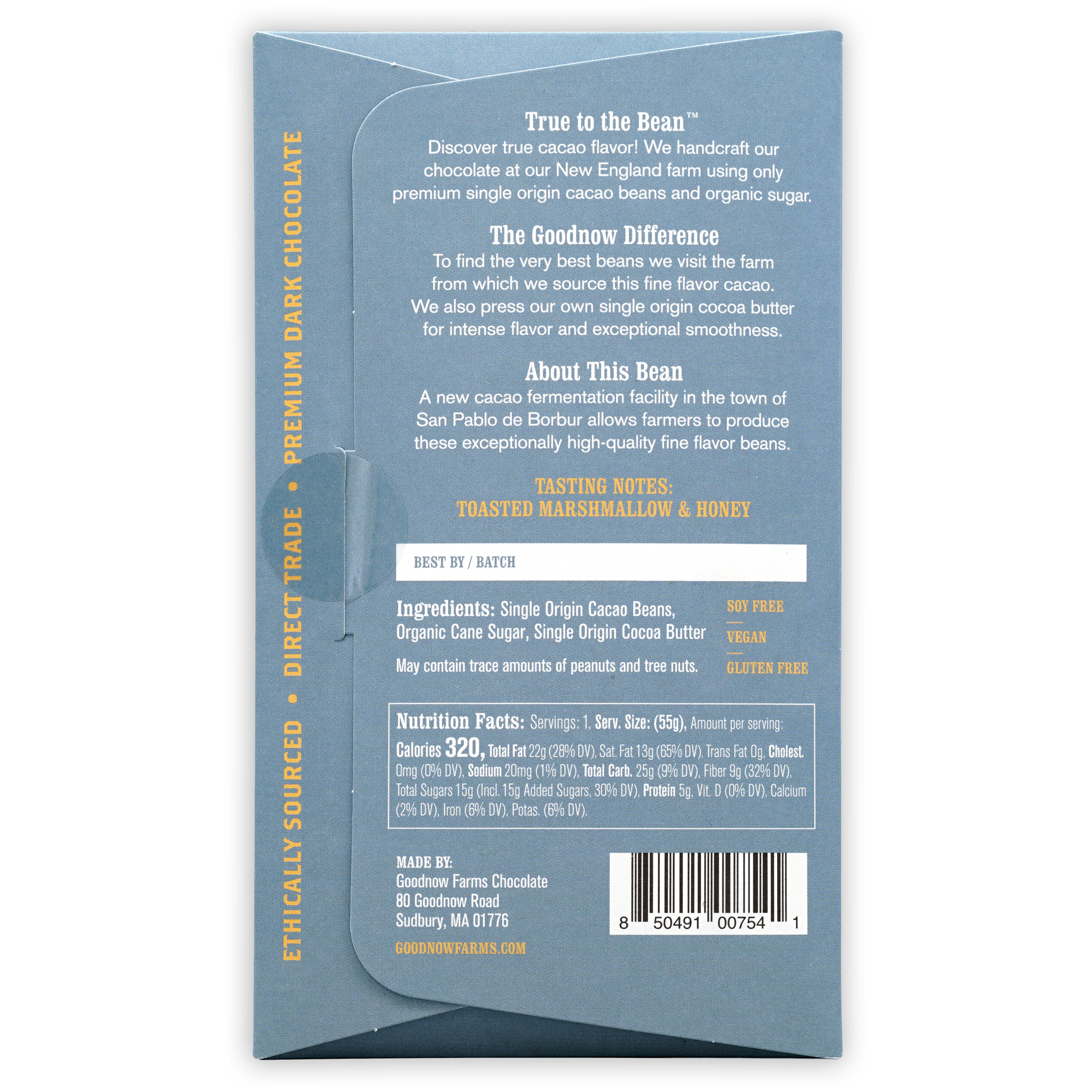 Goodnow Farms Boyaca 73% light blue wrapper with gold text and barcode