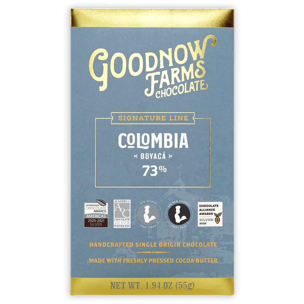 Goodnow Farms Boyaca 73% dark chocolate bar in blue gold foil wrap