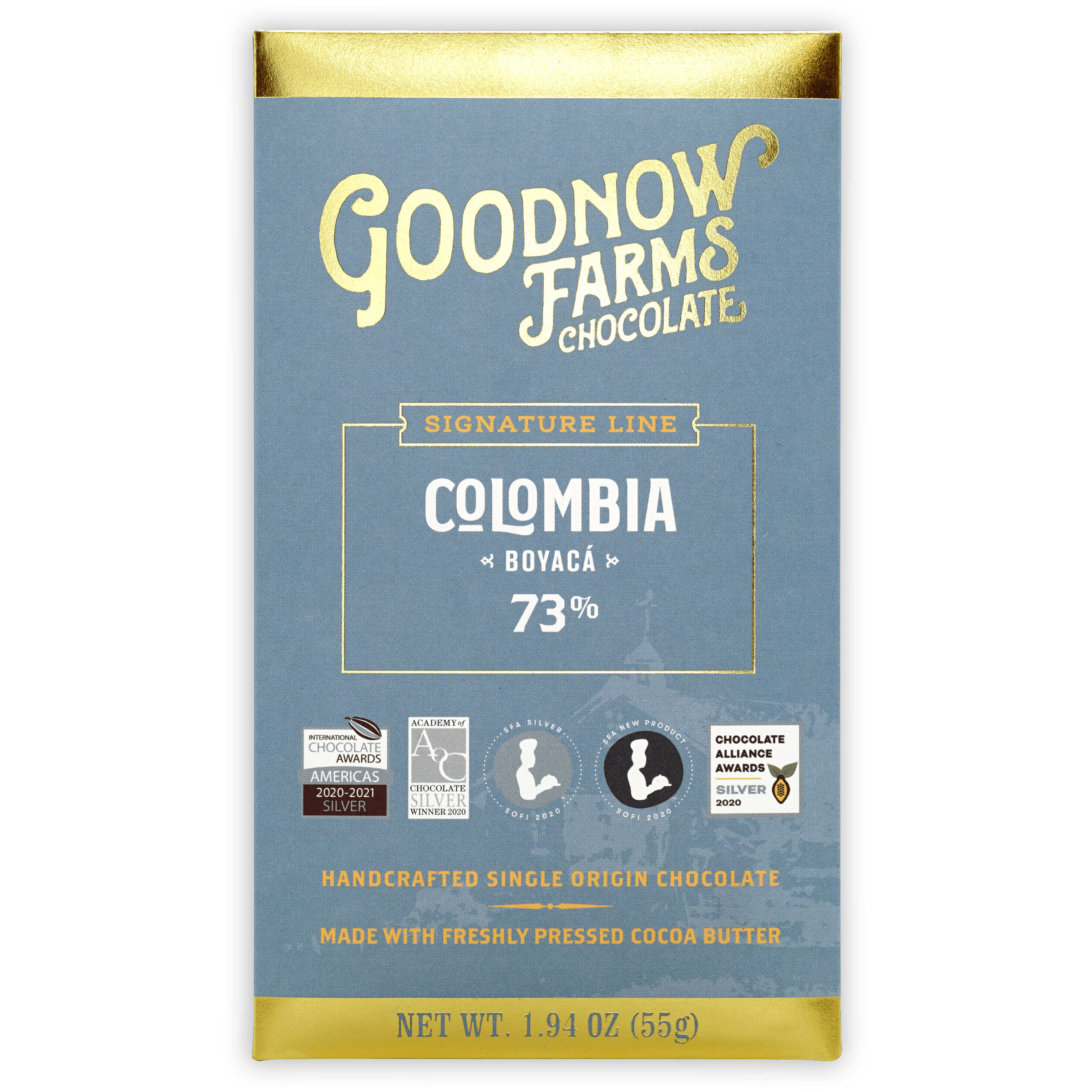 Goodnow Farms Boyaca 73% dark chocolate bar in blue gold foil wrap