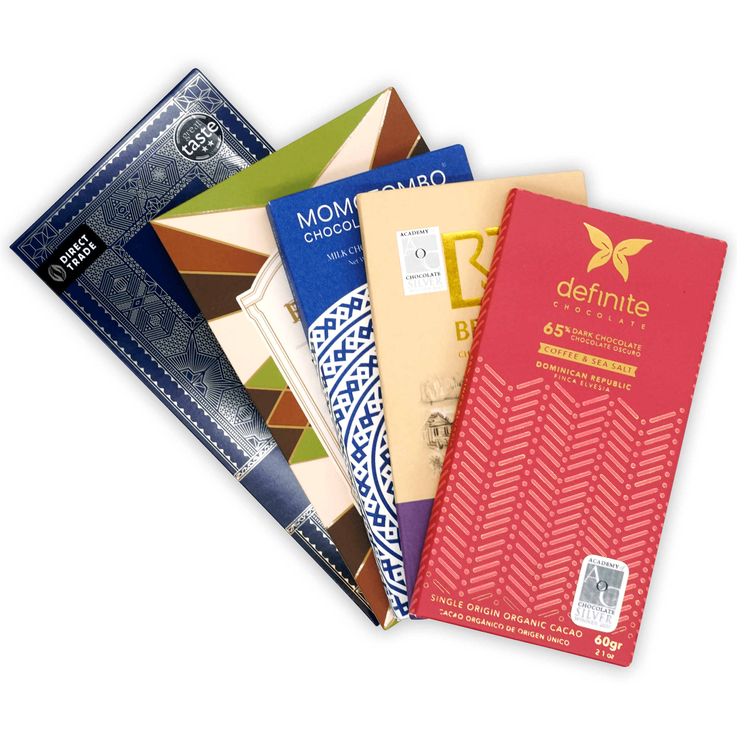 Red Single Origin chocolate bar with gold butterfly logo and herringbone pattern
