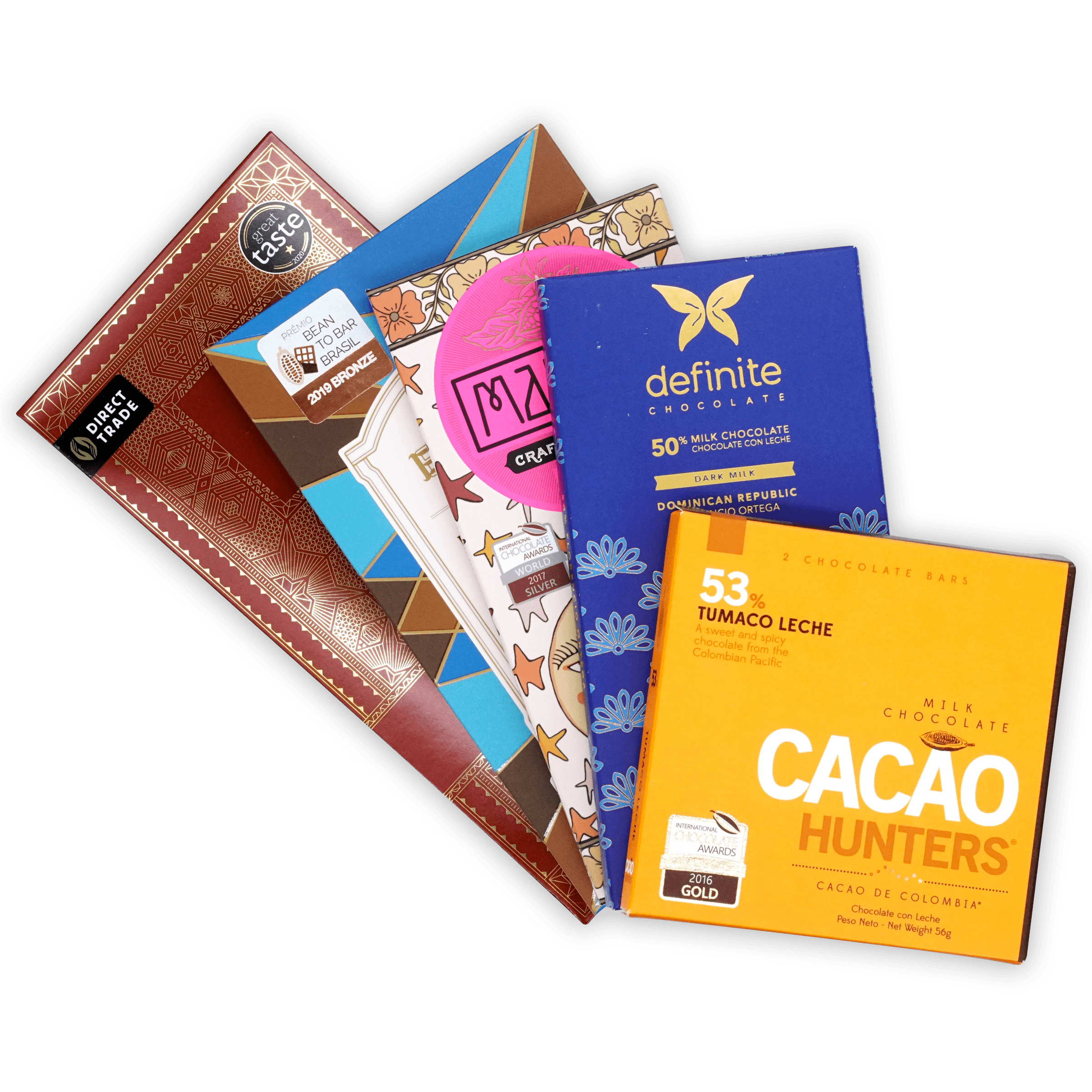 Single Origin Chocolate Bundle: 5 vibrant artisanal bars from Definite Chocolate, Cacao Hunters