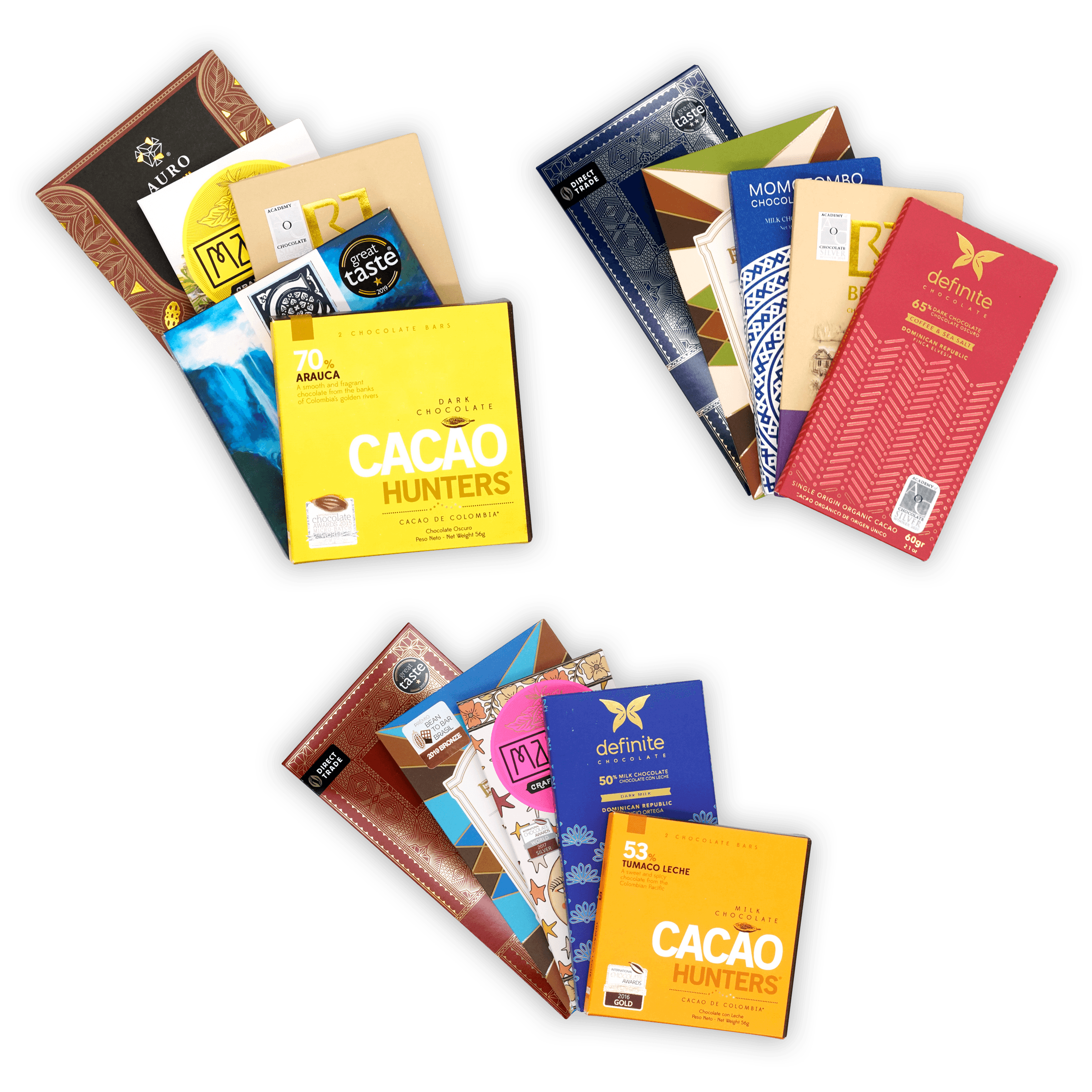 Vibrant yellow Cacao Hunters bar wrapper with cacao pod in Single Origin Bundle