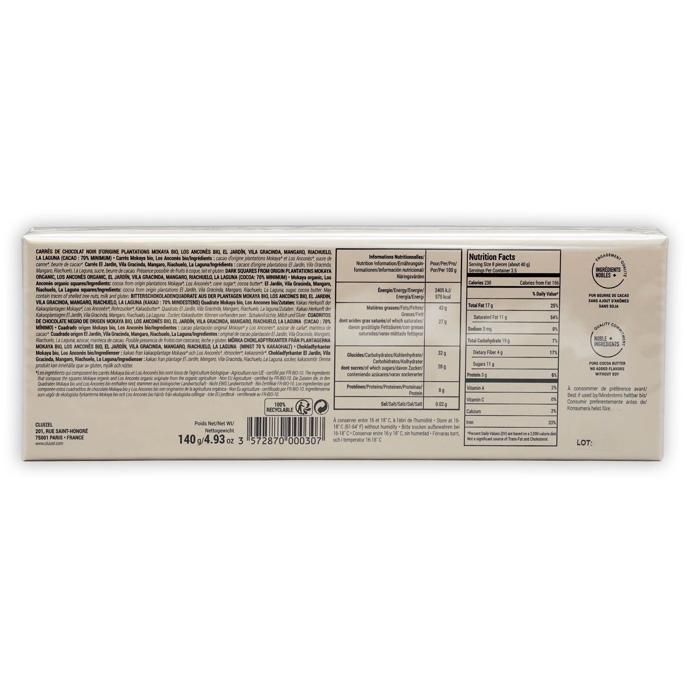 Back of Michel Cluizel Single Estate Tasting Box with nutritional info