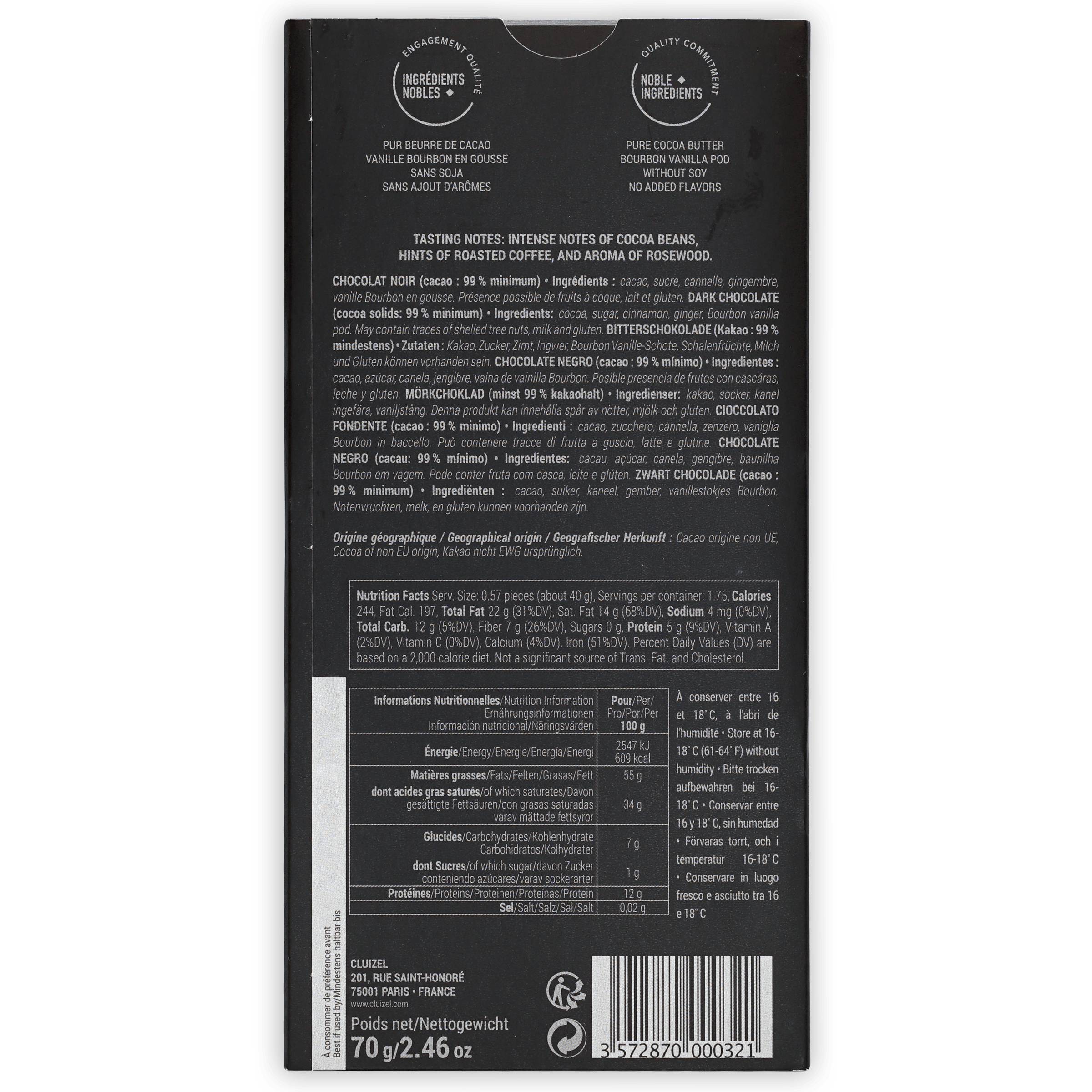 Michel Cluizel Noir Infini 99% black wrapper back with nutritional info