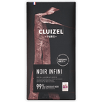 Michel Cluizel Noir Infini 99% dark chocolate bar with bronze figure