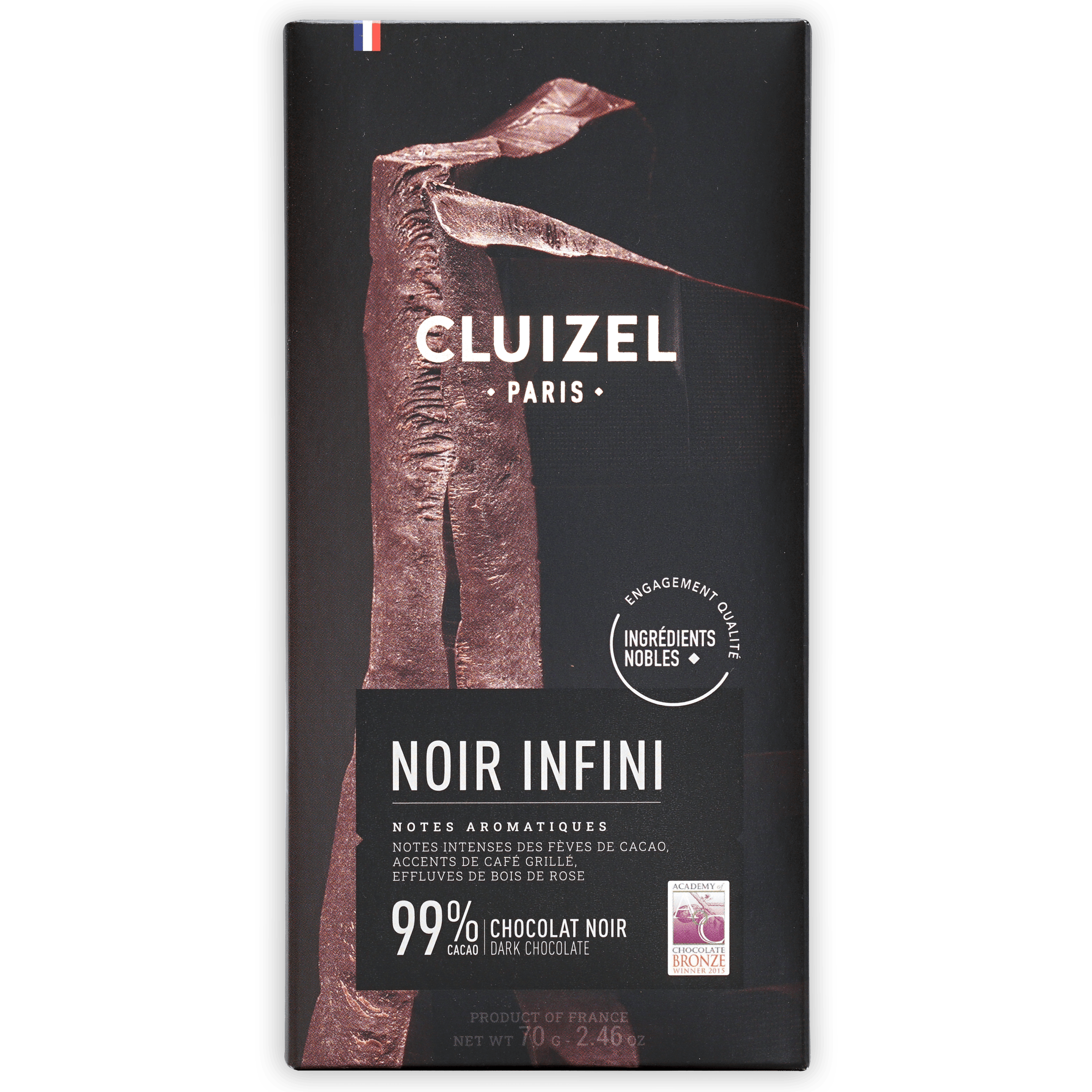Michel Cluizel Noir Infini 99% dark chocolate bar with bronze figure